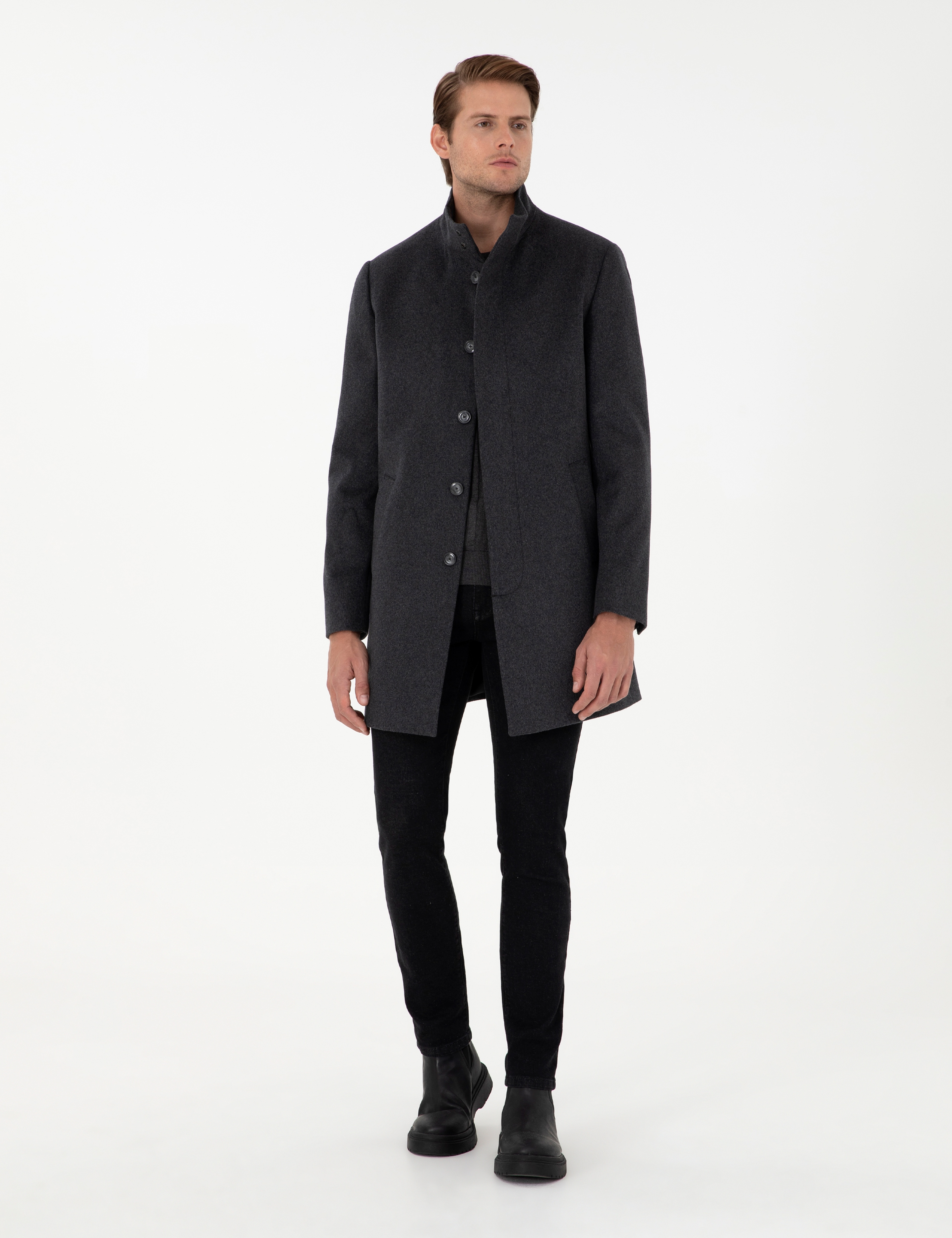Antrasit Slim Fit Yün Karışımlı Palto