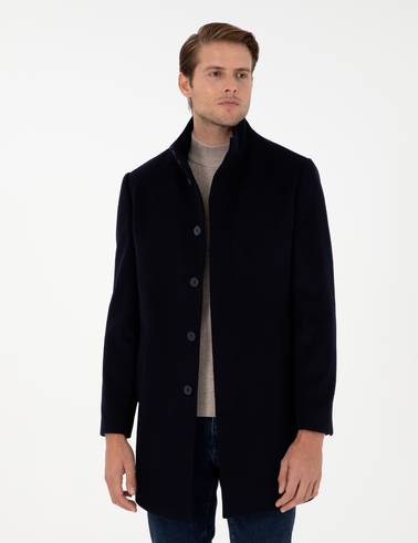 Lacivert Slim Fit Yün Karışımlı Palto