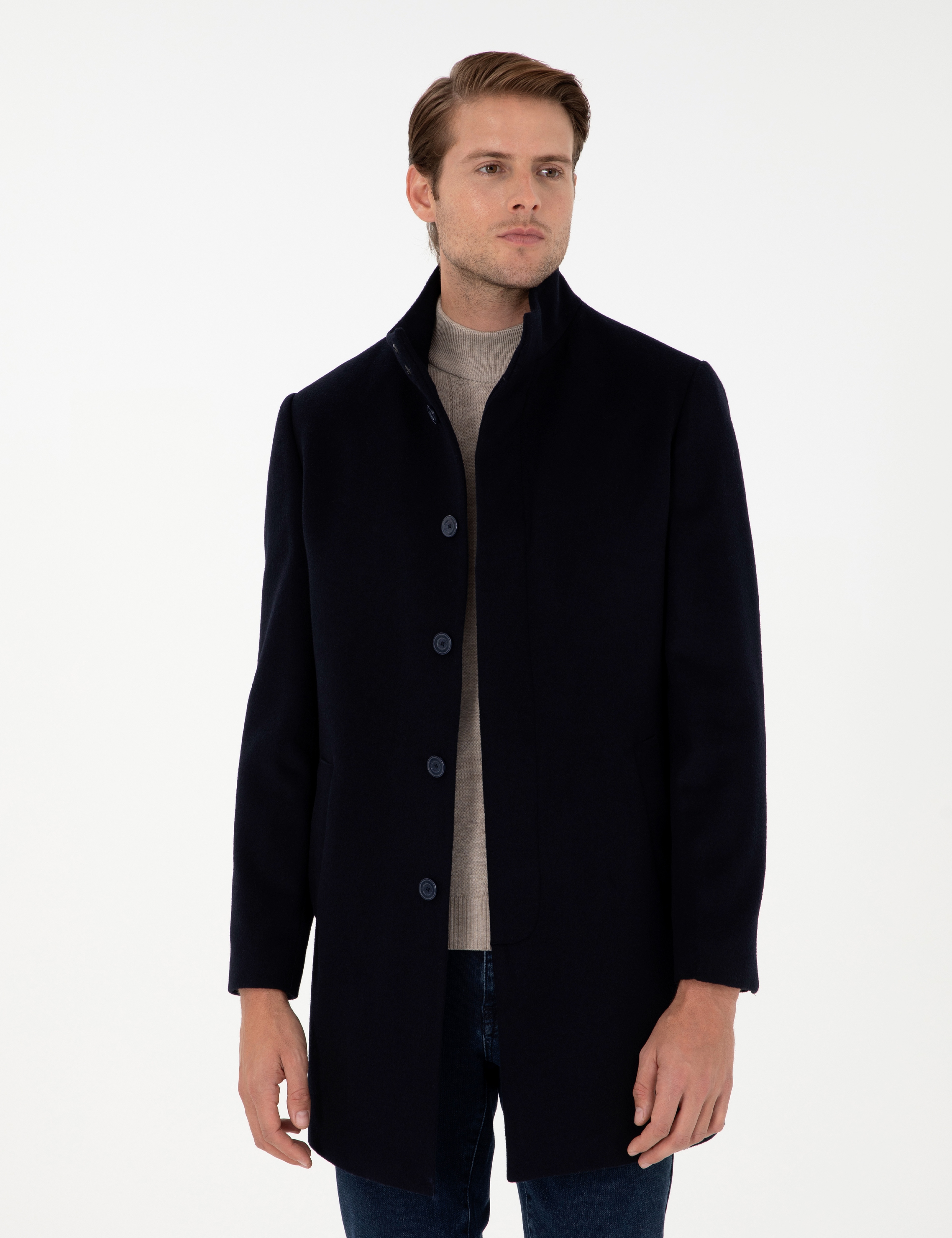 Lacivert Slim Fit Yün Karışımlı Palto - Image 1