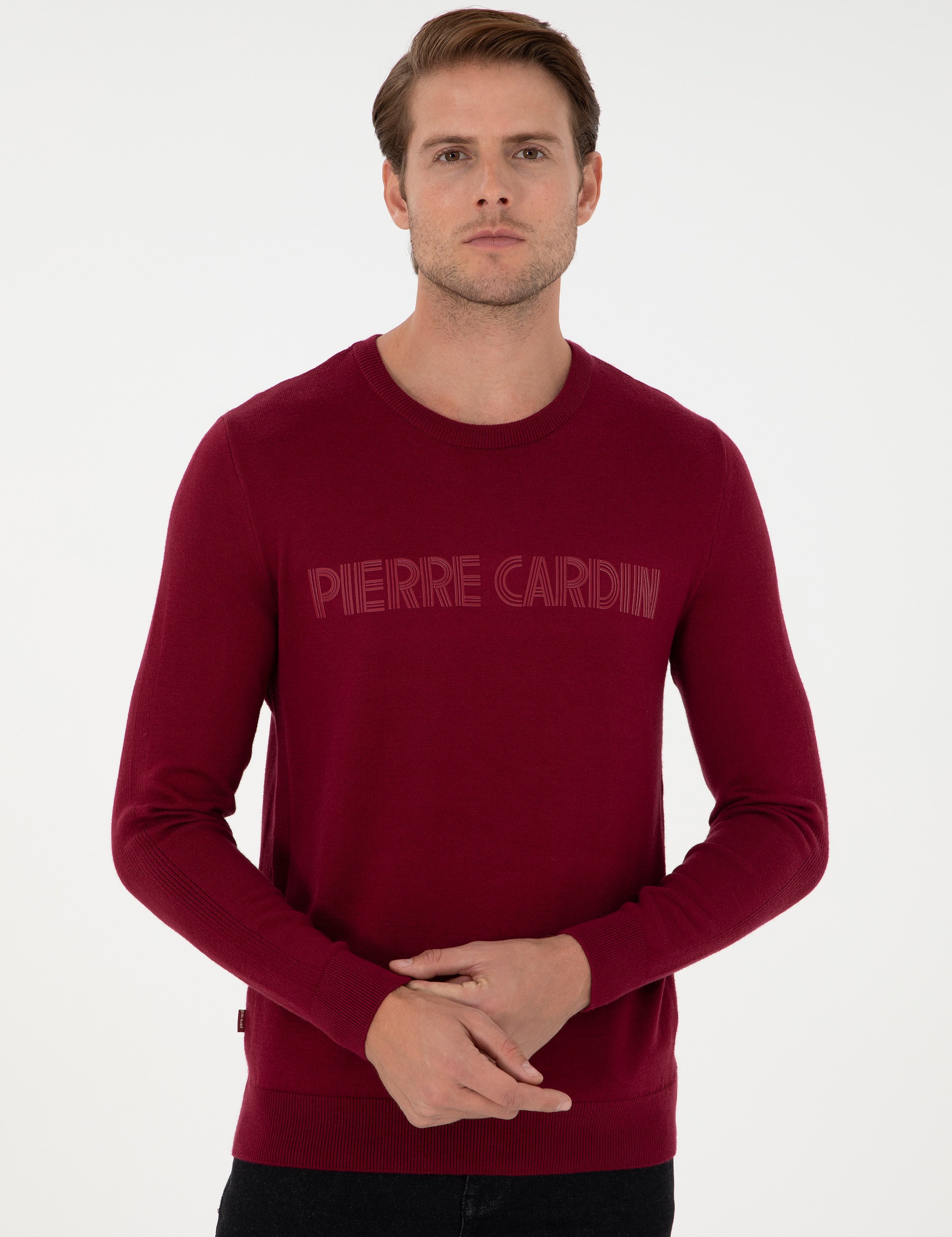 Kırmızı Slim Fit Bisiklet Yaka Yün Karışımlı Triko Kazak - Image 3