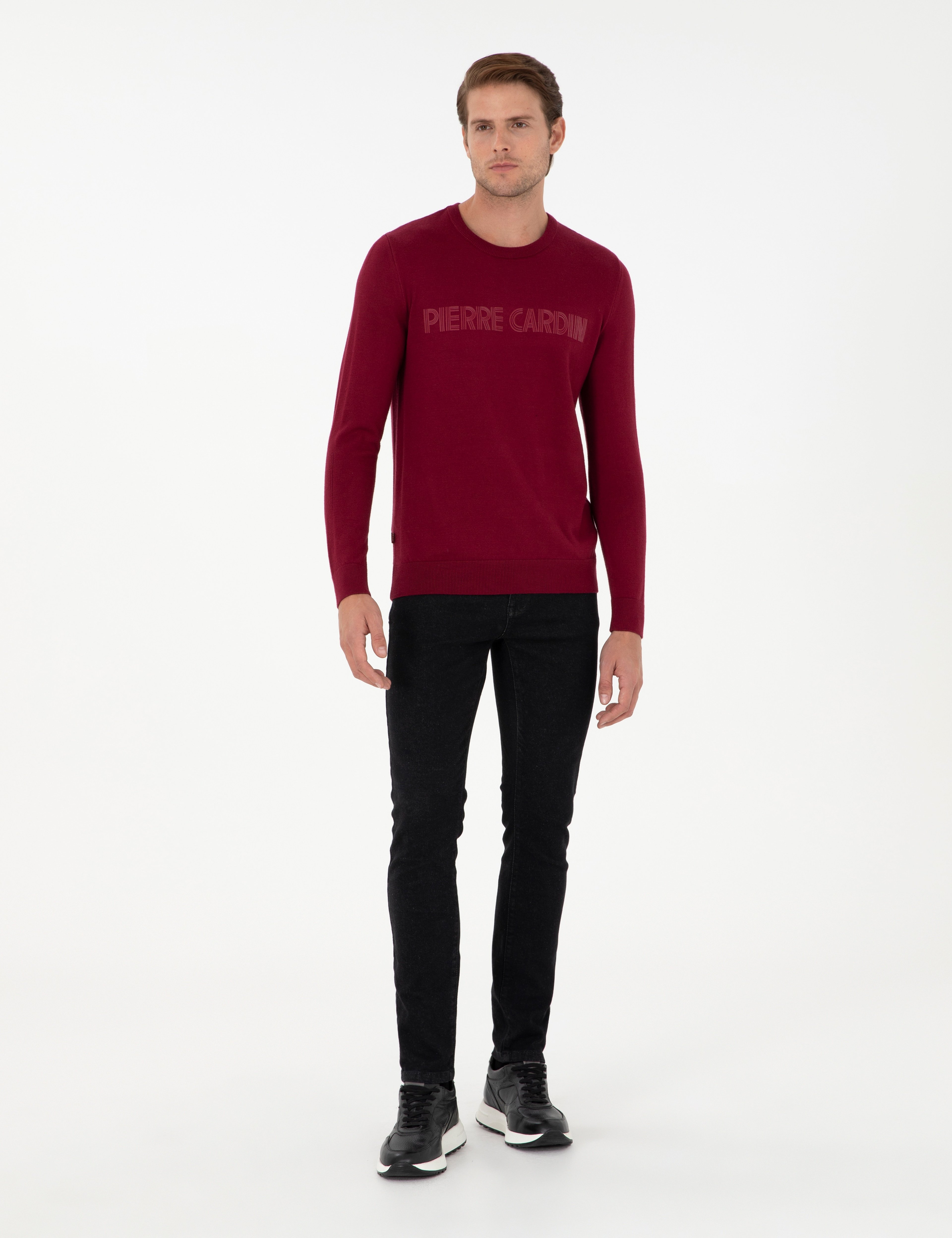 Kırmızı Slim Fit Bisiklet Yaka Yün Karışımlı Triko Kazak - Image 4