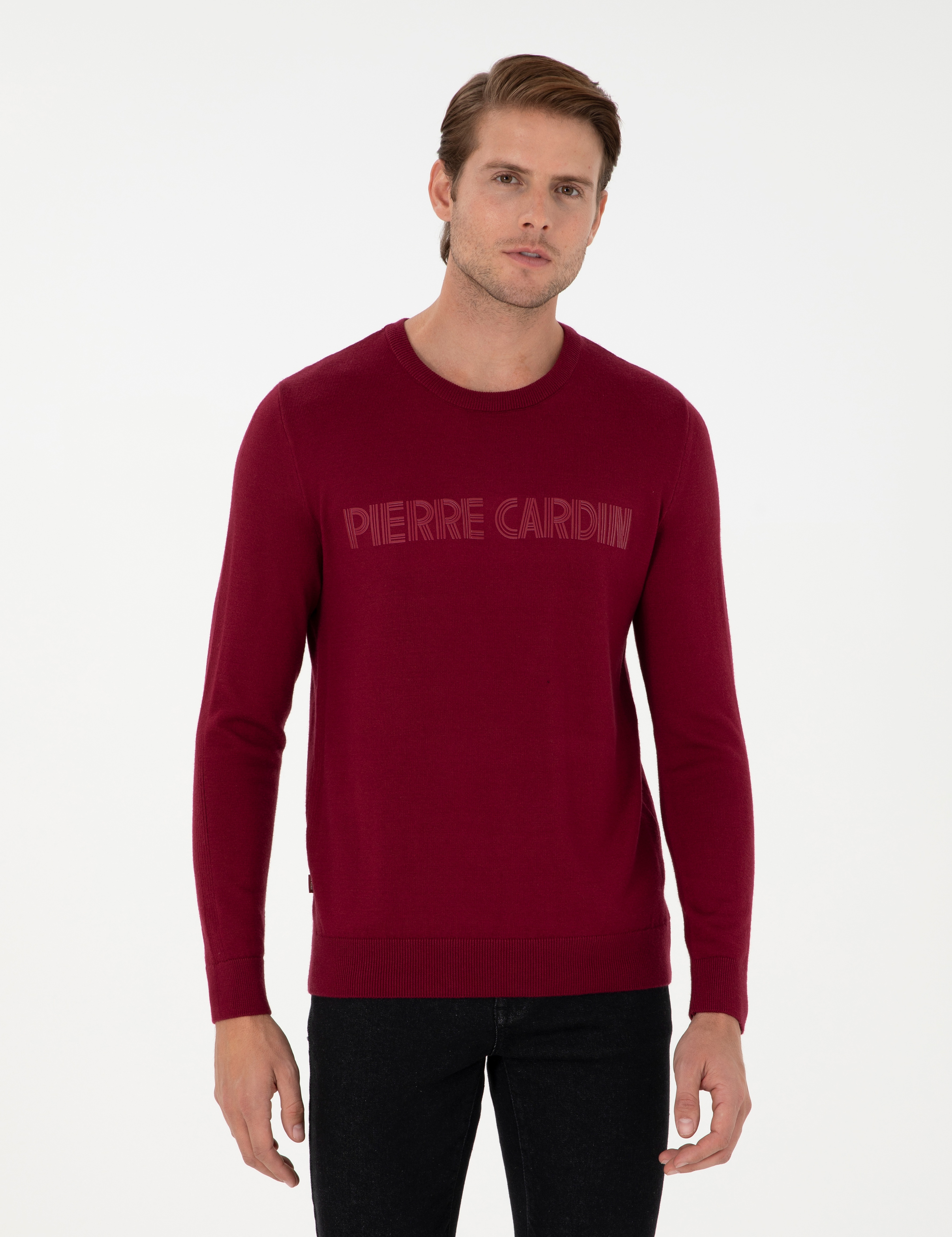 Kırmızı Slim Fit Bisiklet Yaka Yün Karışımlı Triko Kazak - Image 1