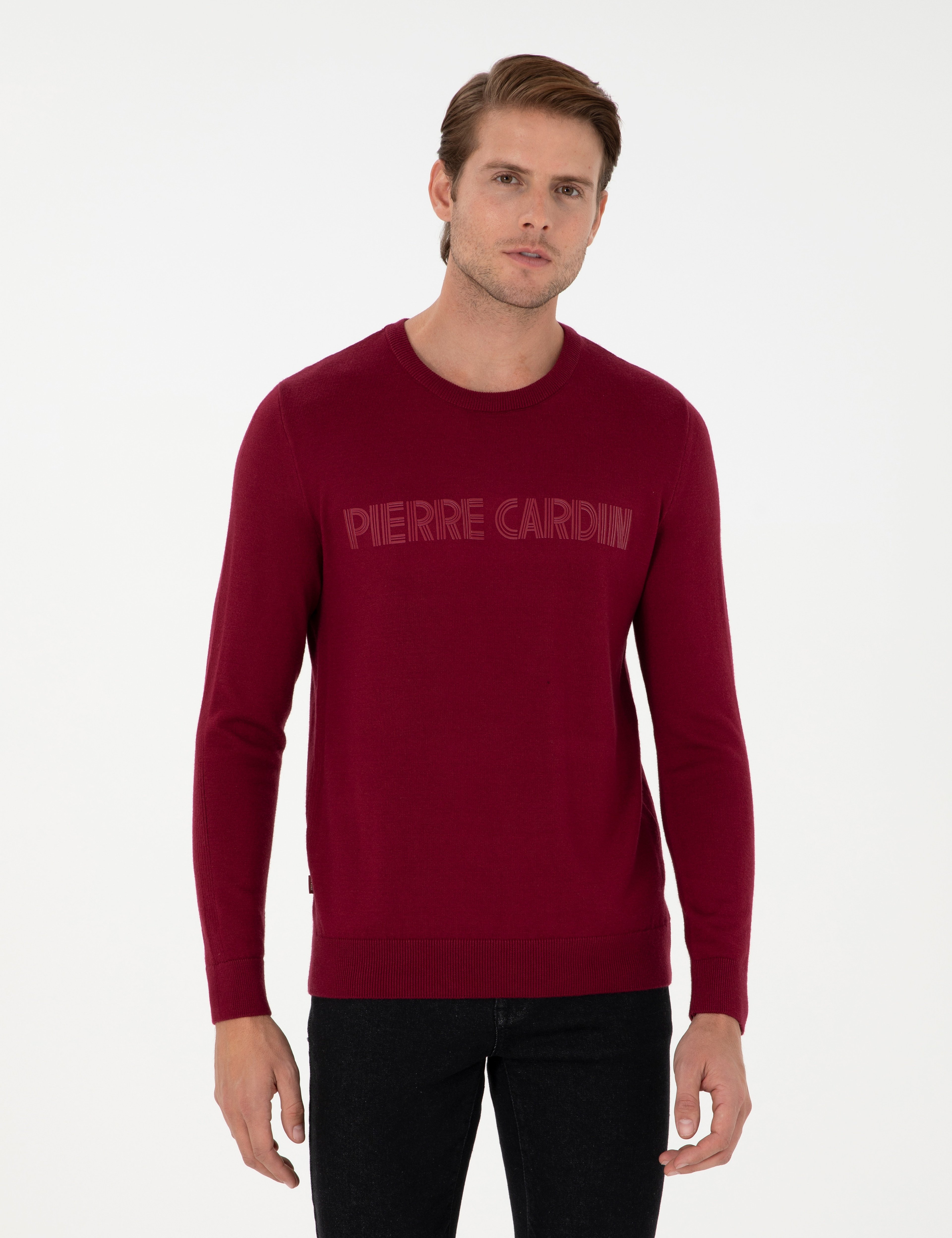 Kırmızı Slim Fit Bisiklet Yaka Yün Karışımlı Triko Kazak
