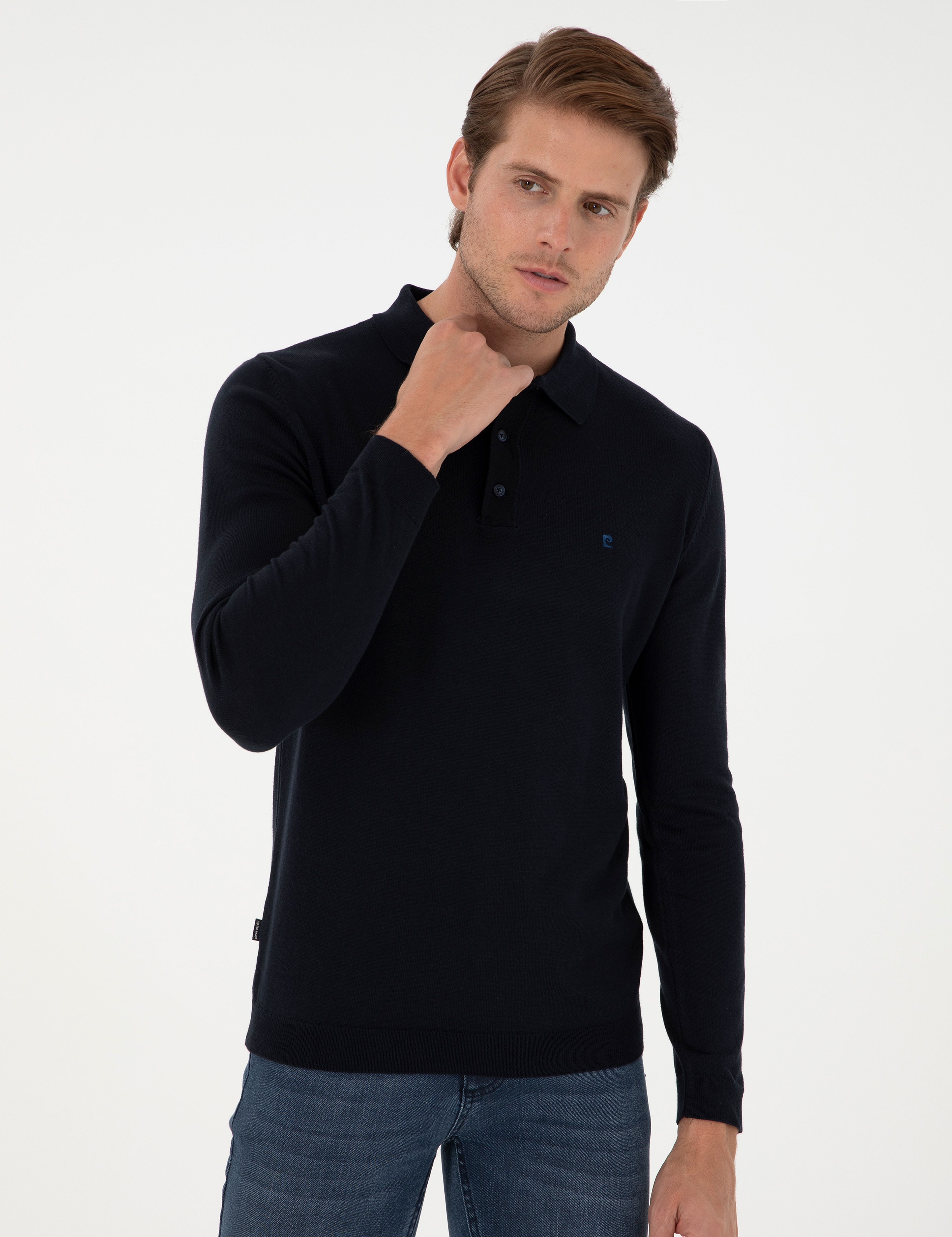 Lacivert Slim Fit Polo Yaka Basic Triko Kazak - Image 3