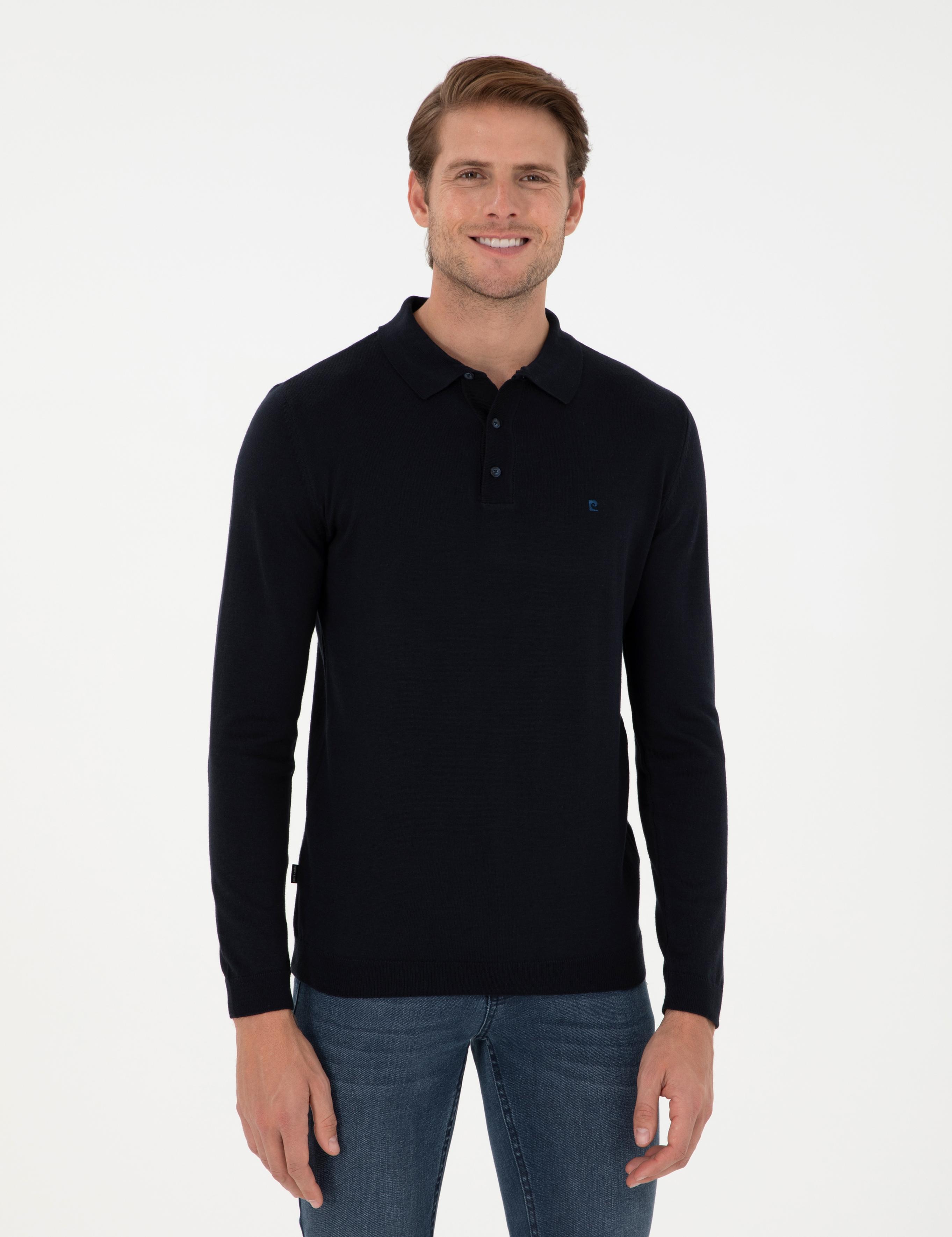 Lacivert Slim Fit Polo Yaka Basic Triko Kazak