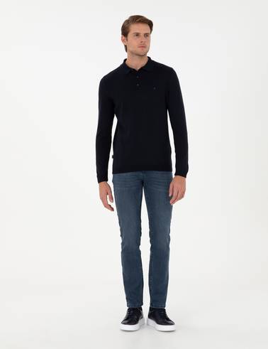 Lacivert Slim Fit Polo Yaka Basic Triko Kazak