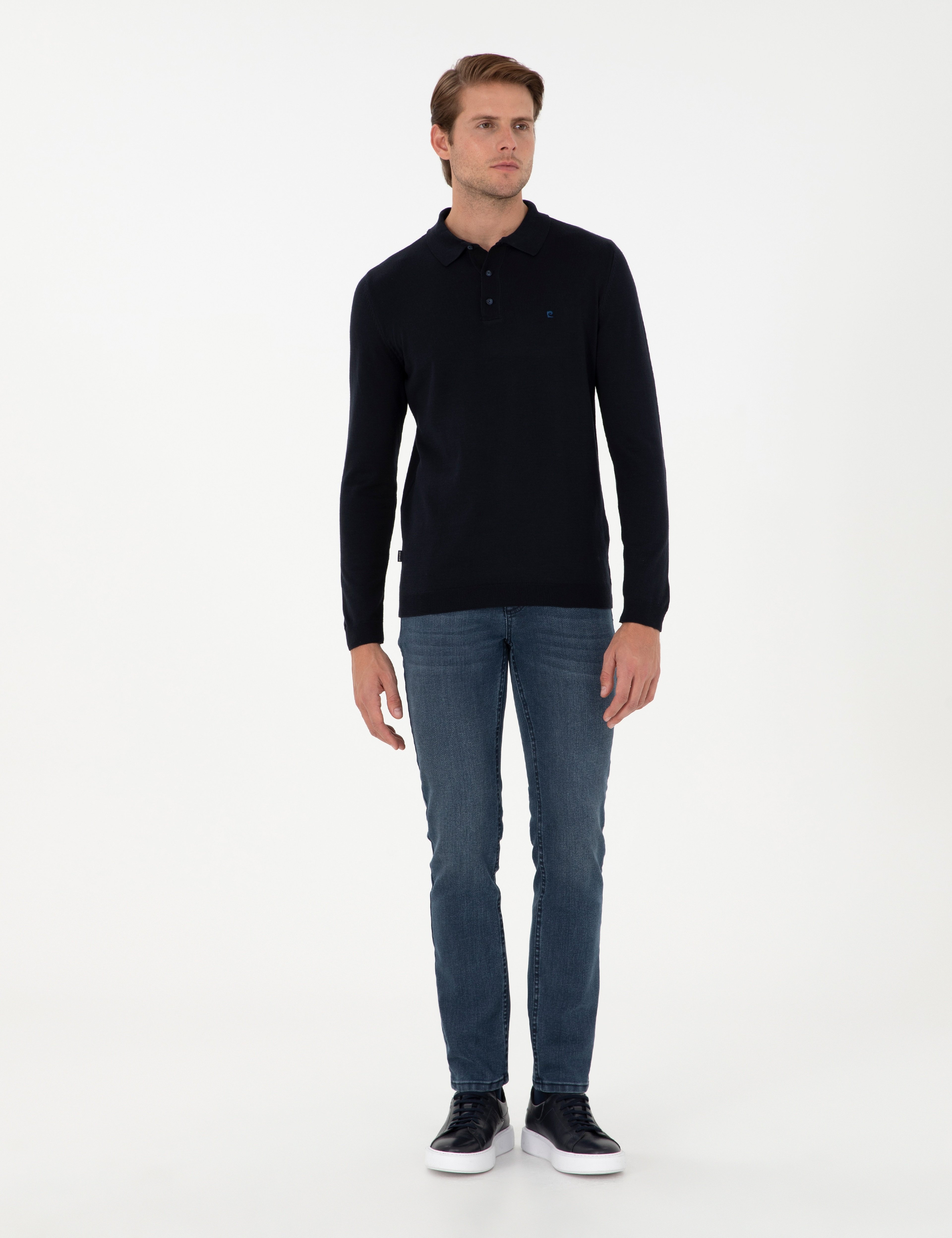 Lacivert Slim Fit Polo Yaka Basic Triko Kazak
