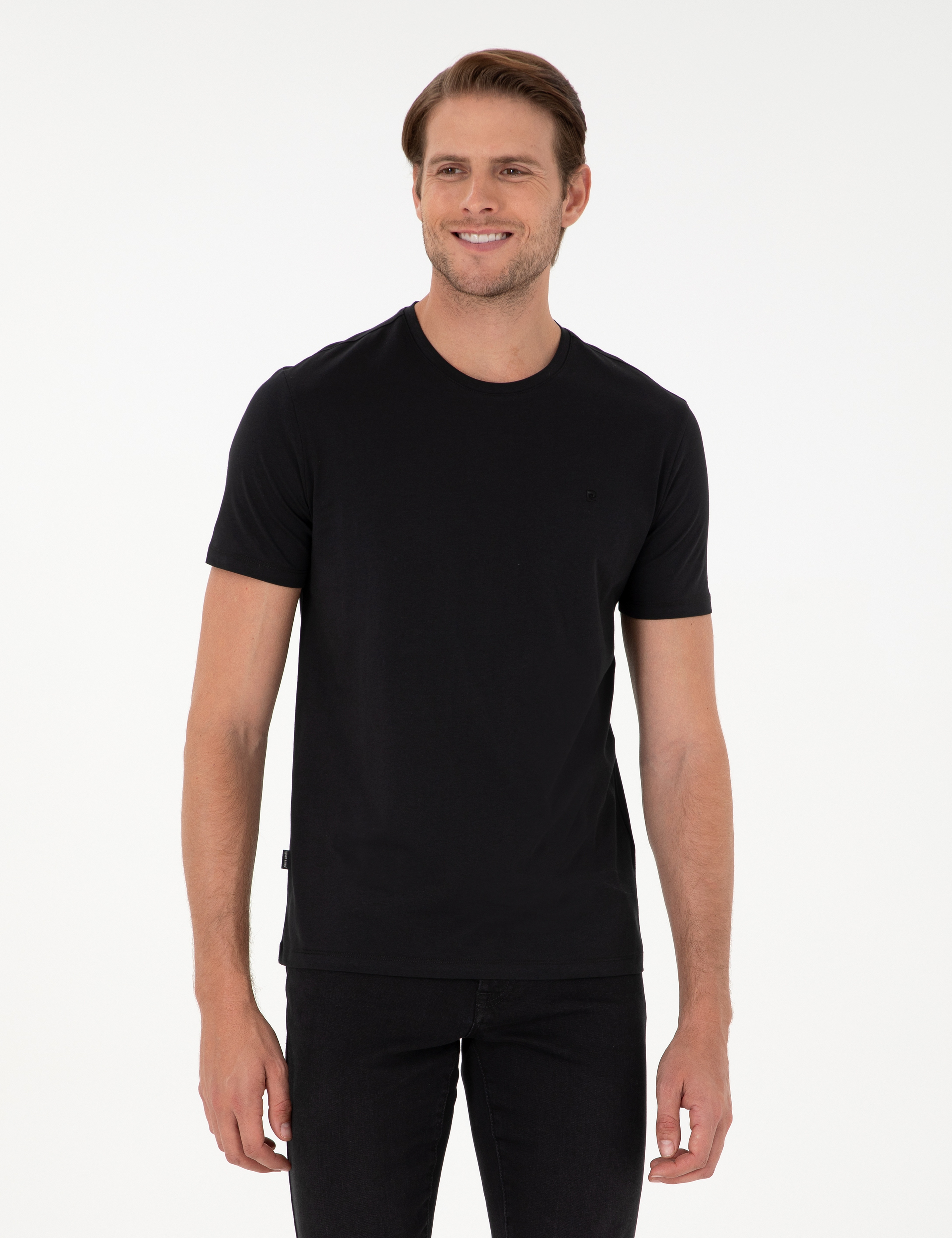 Siyah %100 Pamuk Slim Fit Bisiklet Yaka Basic Tişört - Image 3