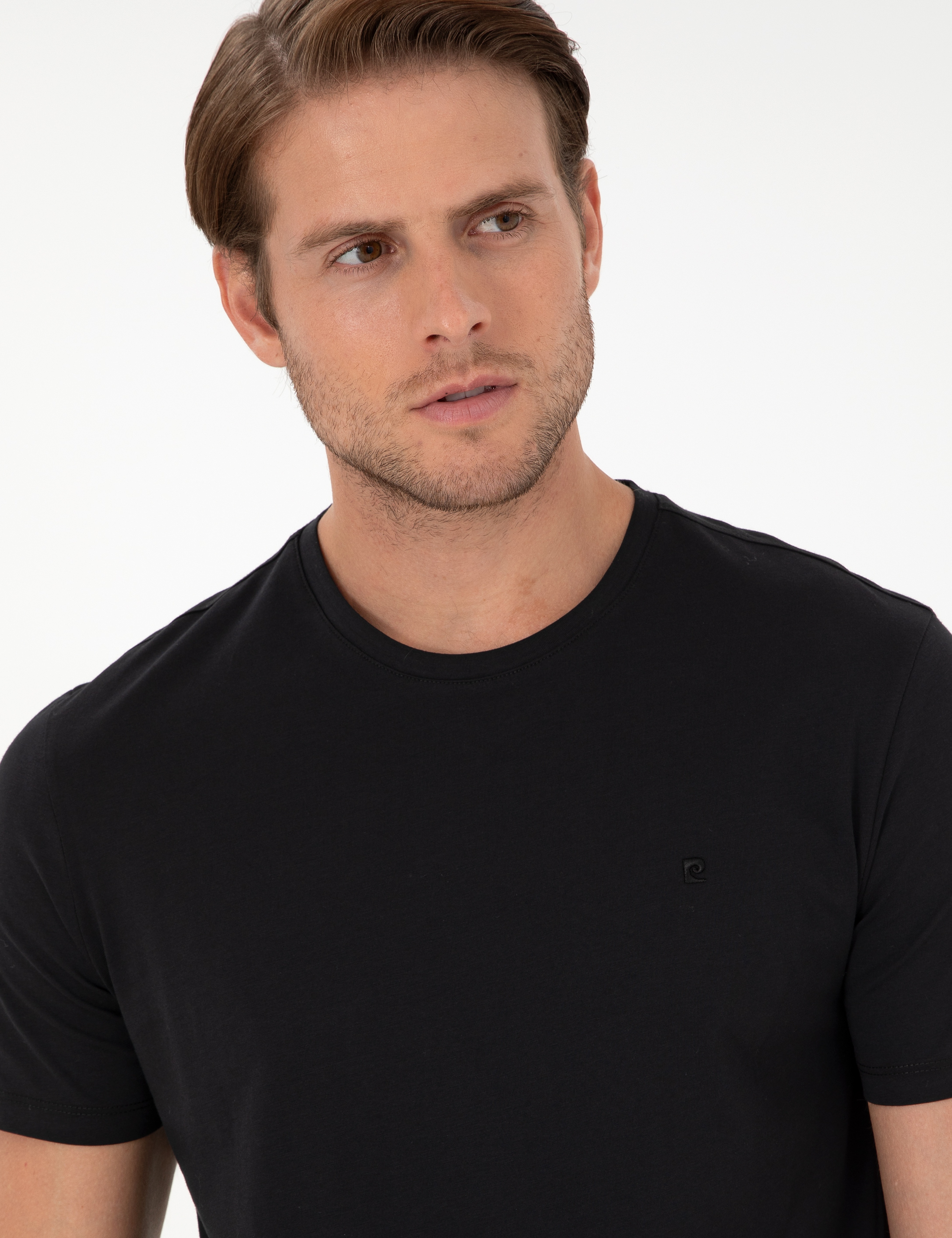 Siyah %100 Pamuk Slim Fit Bisiklet Yaka Basic Tişört - Image 2