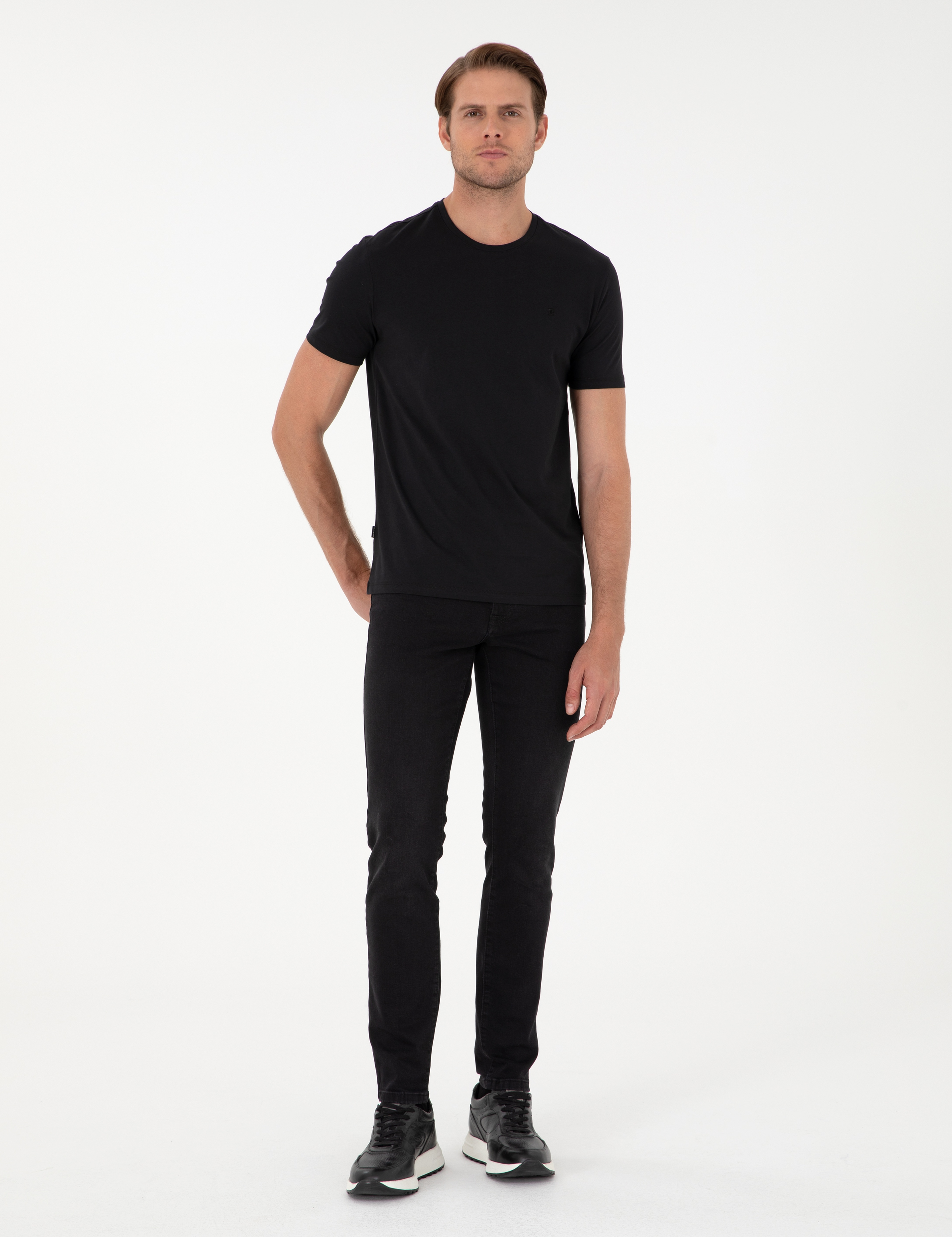 Siyah %100 Pamuk Slim Fit Bisiklet Yaka Basic Tişört - Image 4