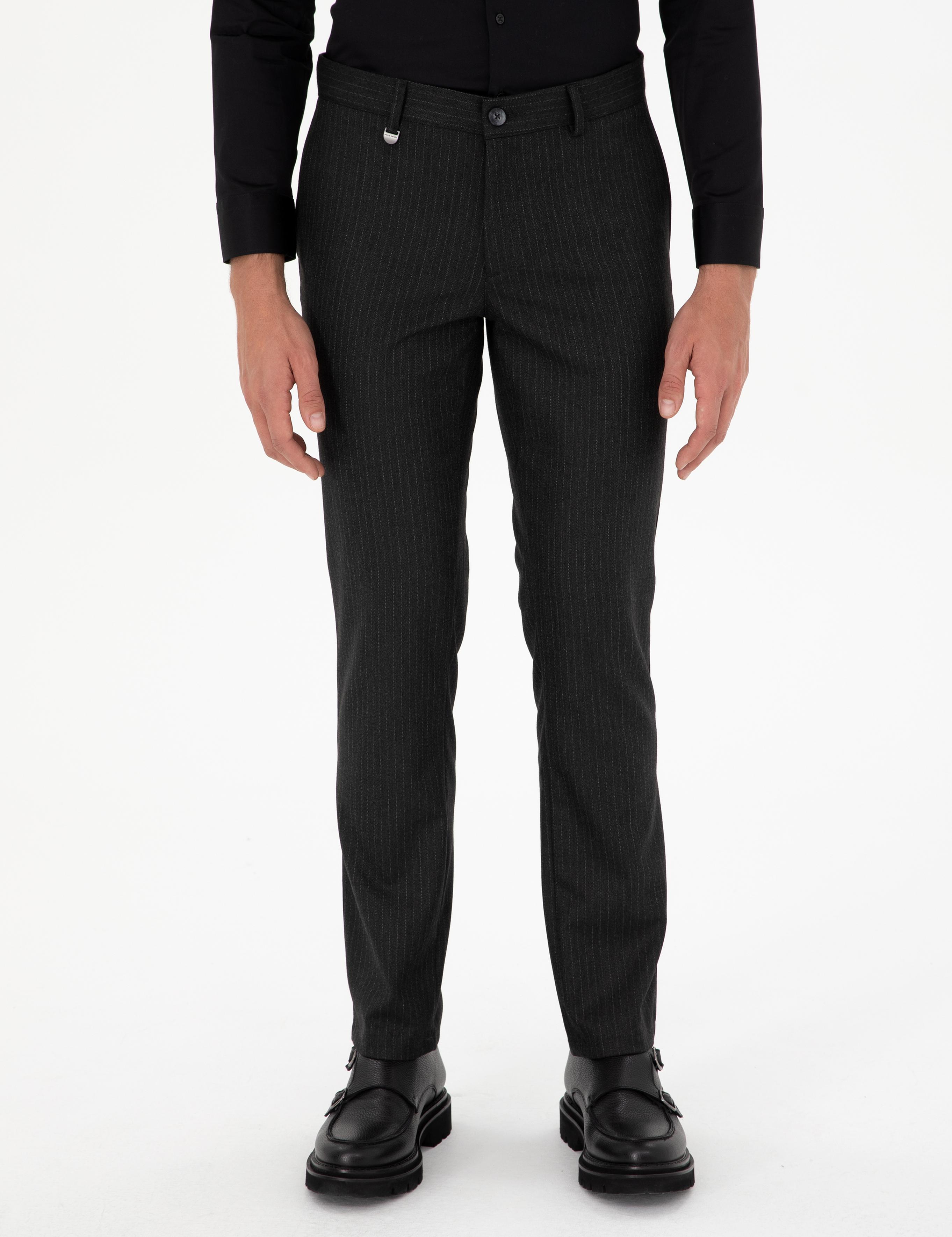 Antrasit Slim Fit Çizgili Kumaş Pantolon
