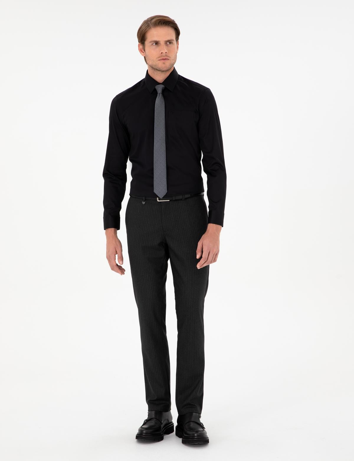 Antrasit Slim Fit Çizgili Kumaş Pantolon