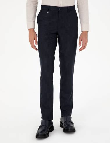 Lacivert Slim Fit Çizgili Kumaş Pantolon