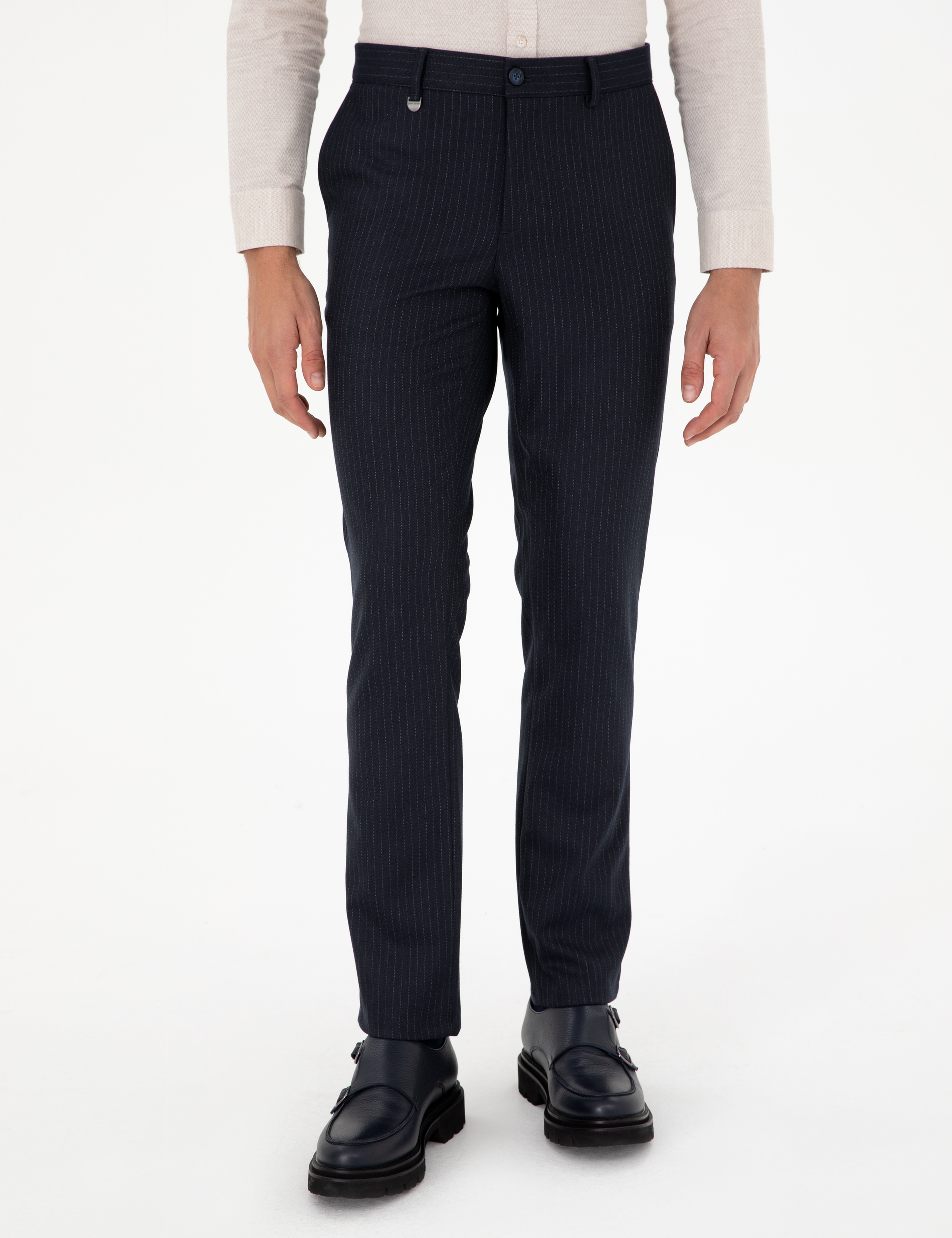 Lacivert Slim Fit Çizgili Kumaş Pantolon
