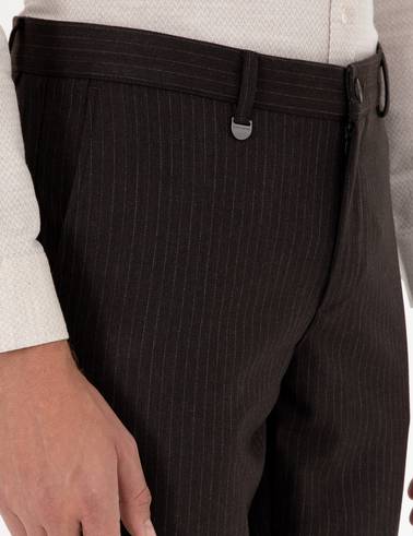 Kahverengi Slim Fit Çizgili Kumaş Pantolon