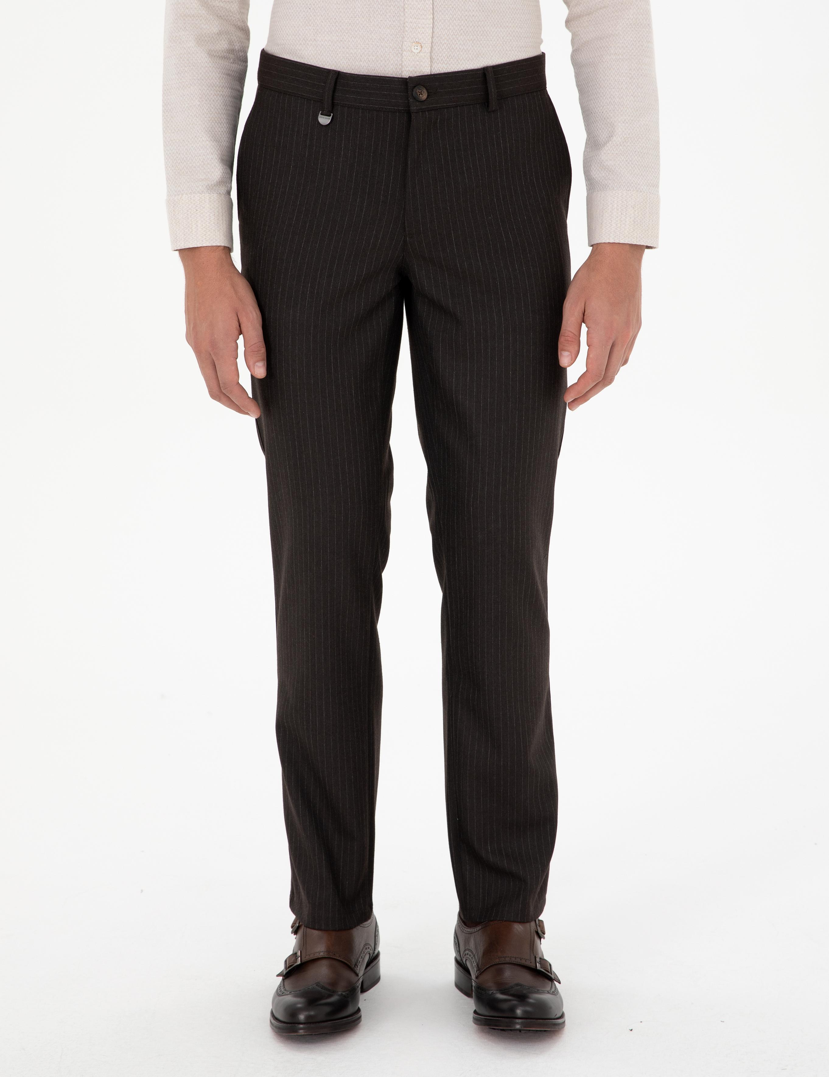 Kahverengi Slim Fit Çizgili Kumaş Pantolon