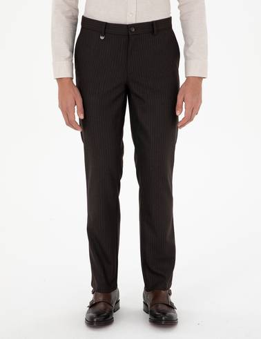 Kahverengi Slim Fit Çizgili Kumaş Pantolon