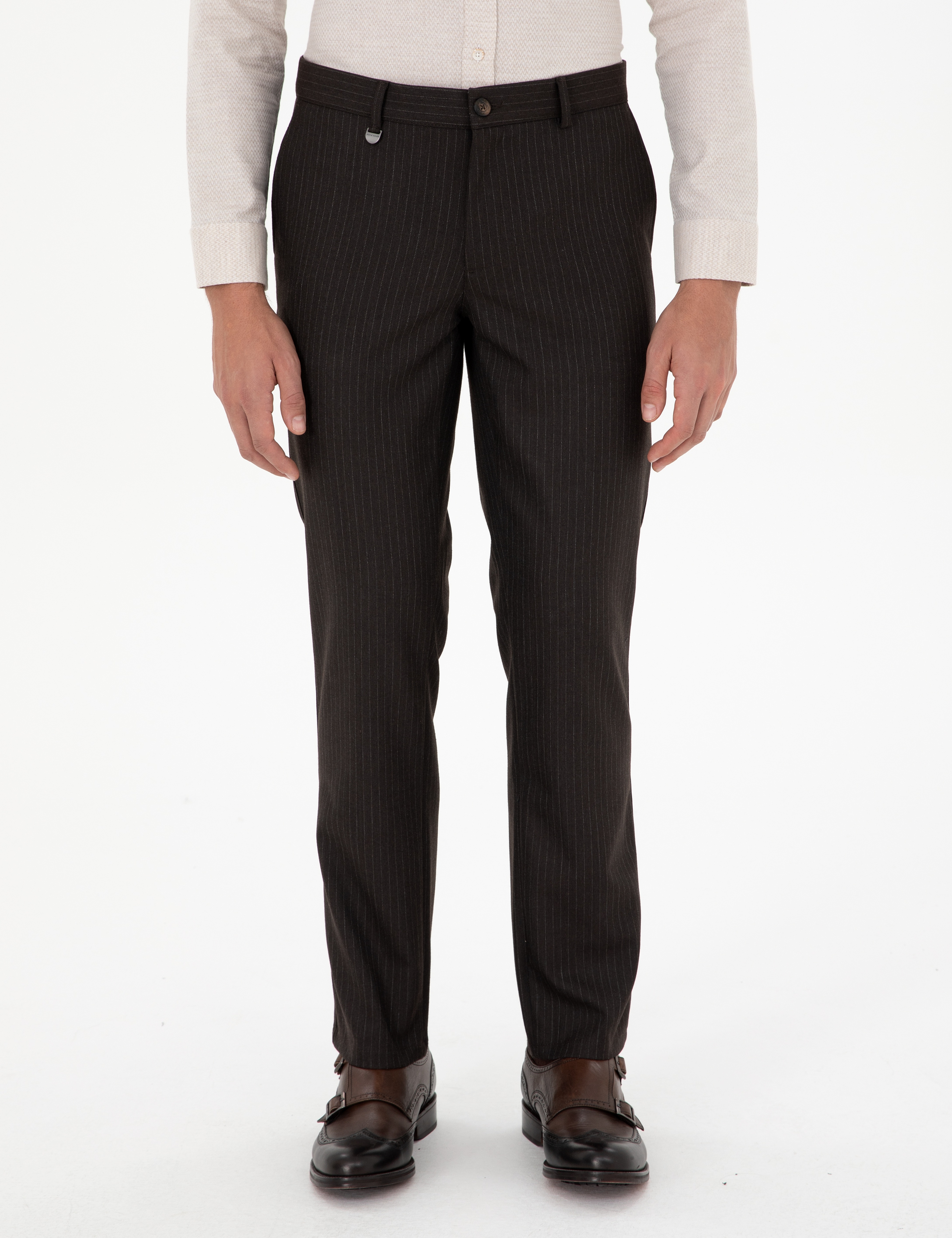 Kahverengi Slim Fit Çizgili Kumaş Pantolon - Image 2
