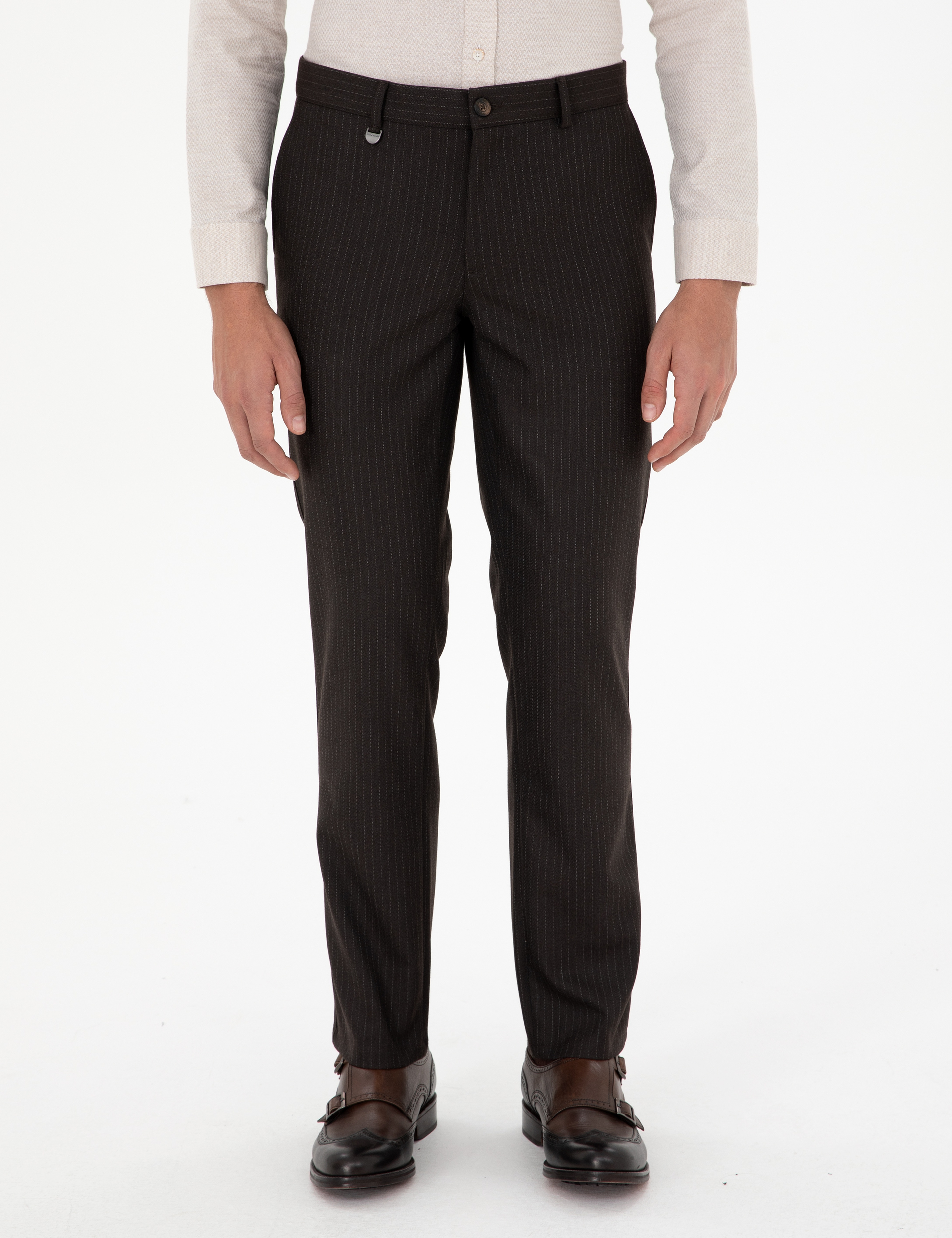 Kahverengi Slim Fit Çizgili Kumaş Pantolon
