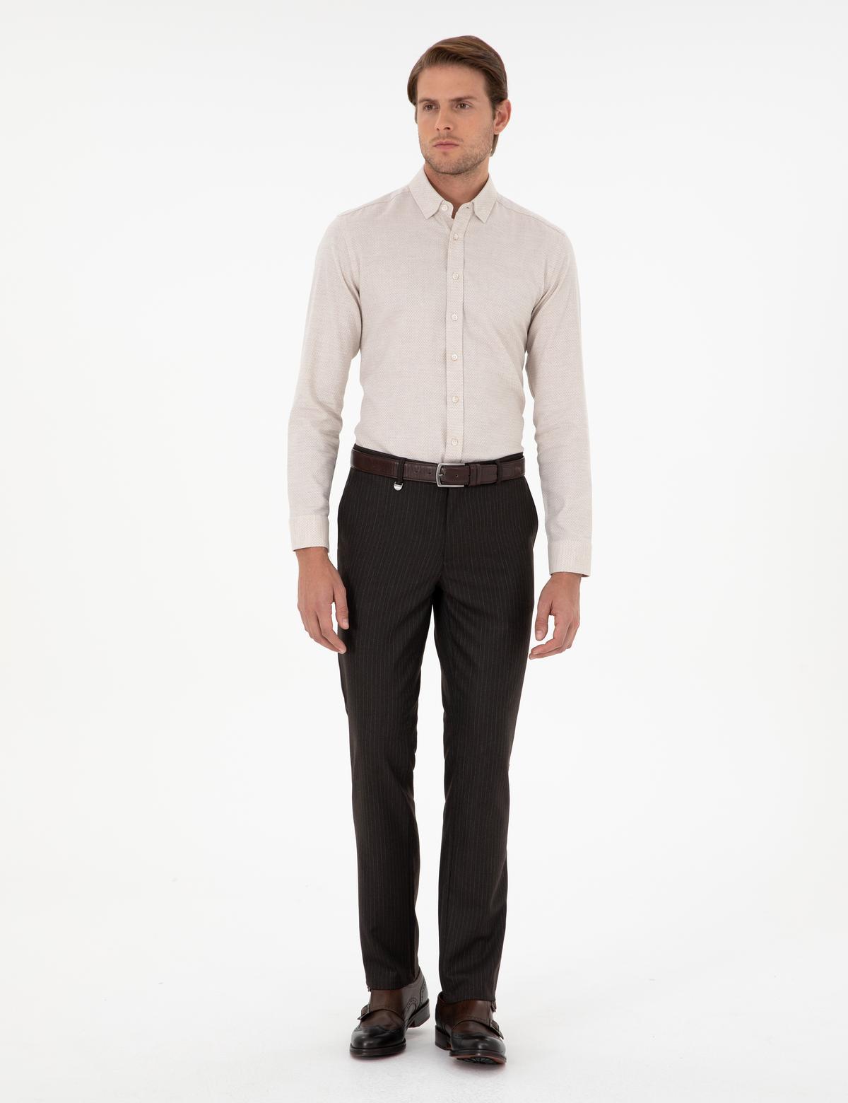 Kahverengi Slim Fit Çizgili Kumaş Pantolon - 50297531075