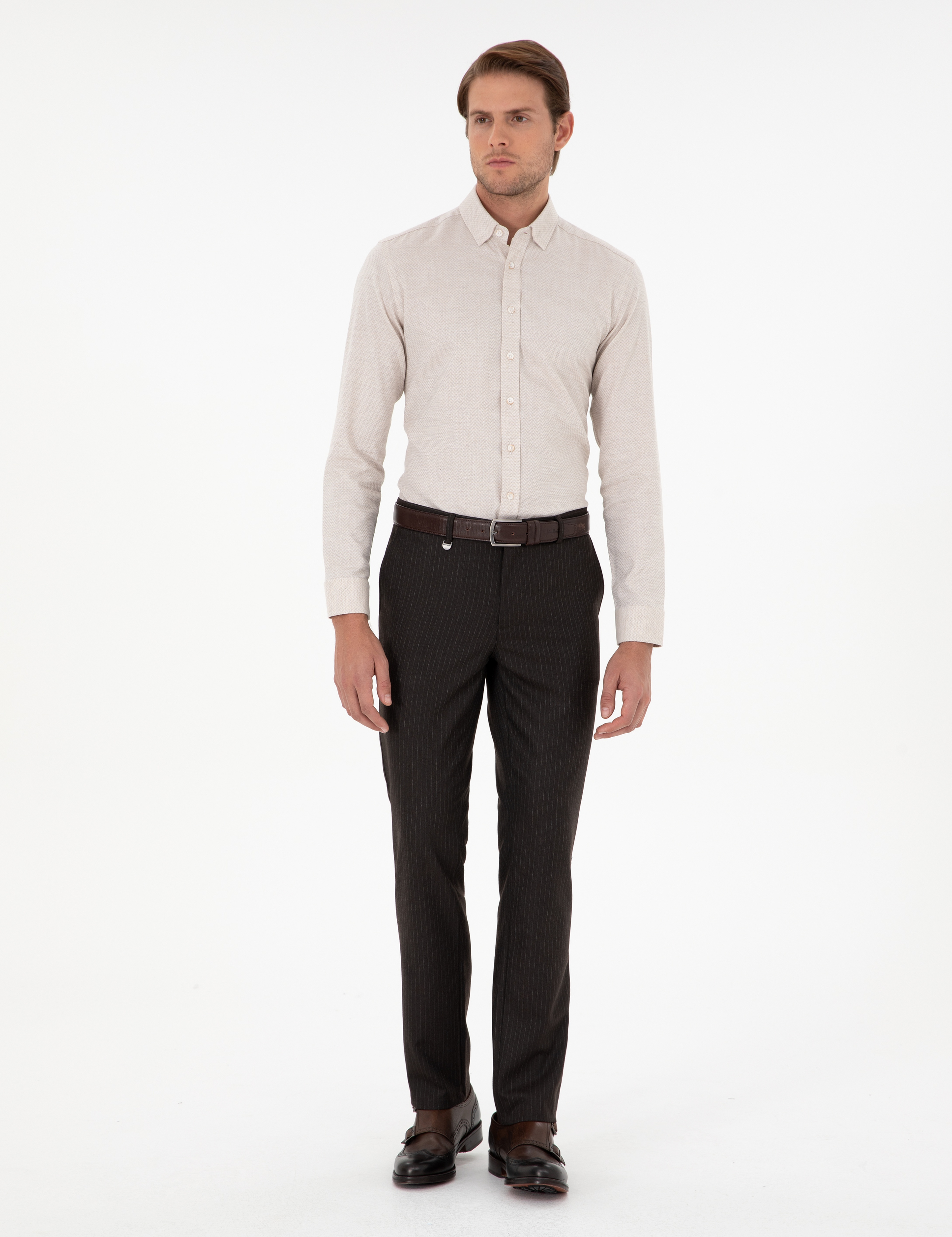 Kahverengi Slim Fit Çizgili Kumaş Pantolon - Image 3