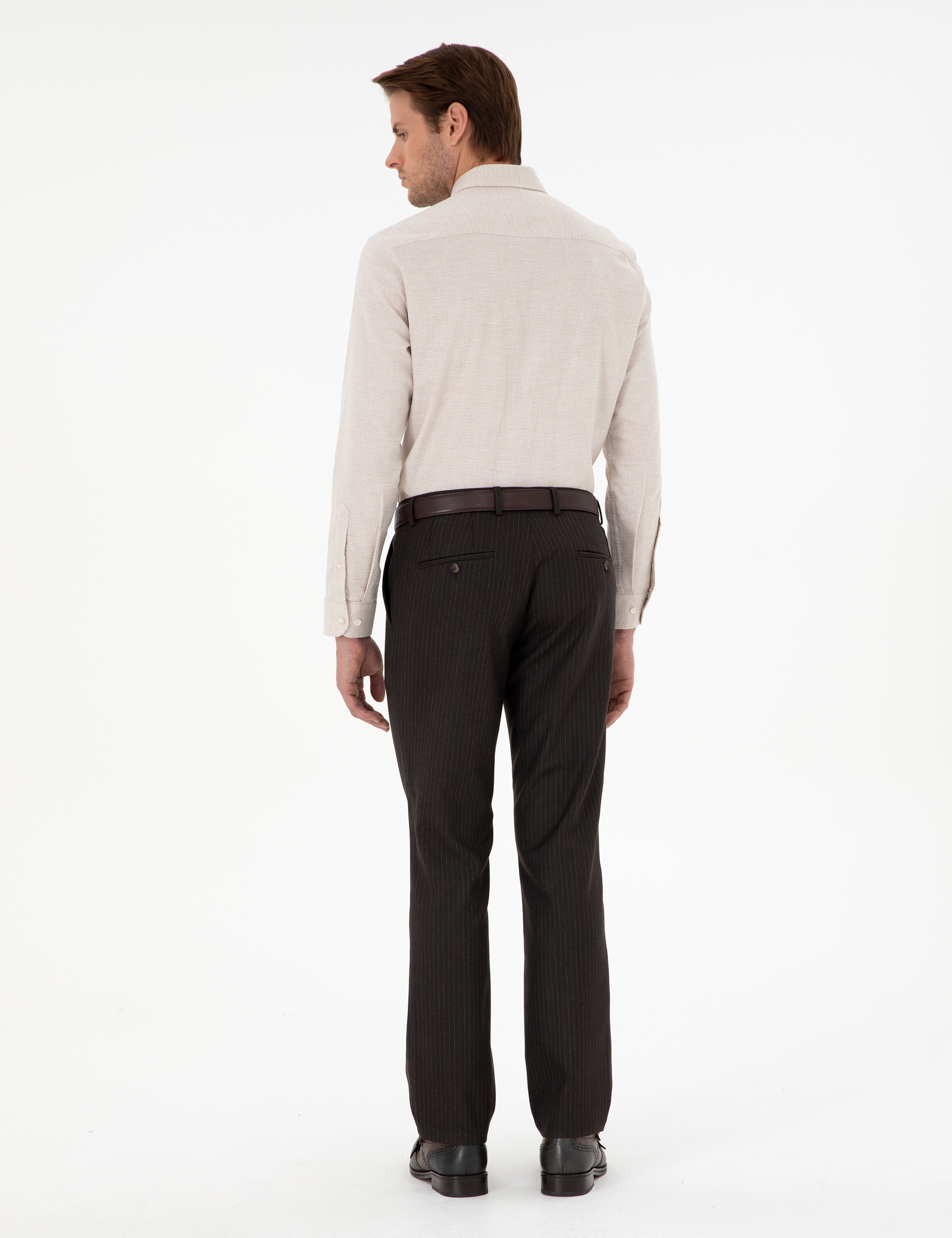 Kahverengi Slim Fit Çizgili Kumaş Pantolon - Image 4