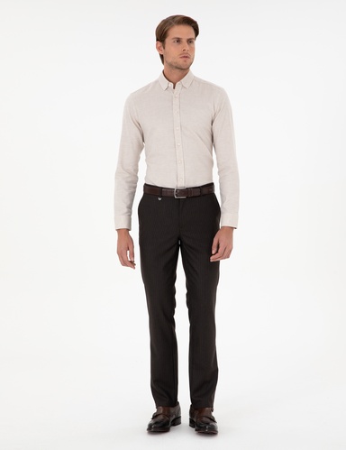 Kahverengi Slim Fit Çizgili Kumaş Pantolon