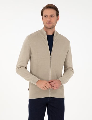 Kum Melanj Slim Fit Fermuarlı Triko Hırka