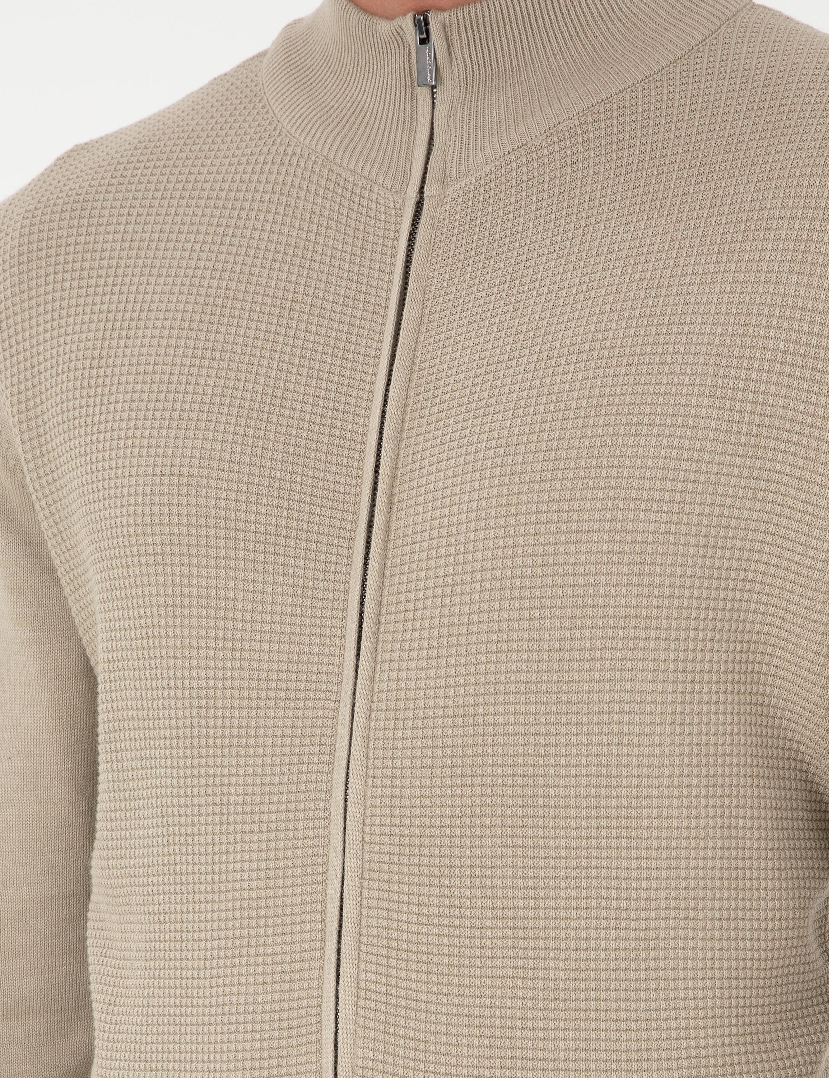 Kum Melanj Slim Fit Fermuarlı Triko Hırka