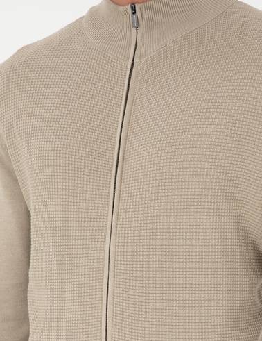 Kum Melanj Slim Fit Fermuarlı Triko Hırka