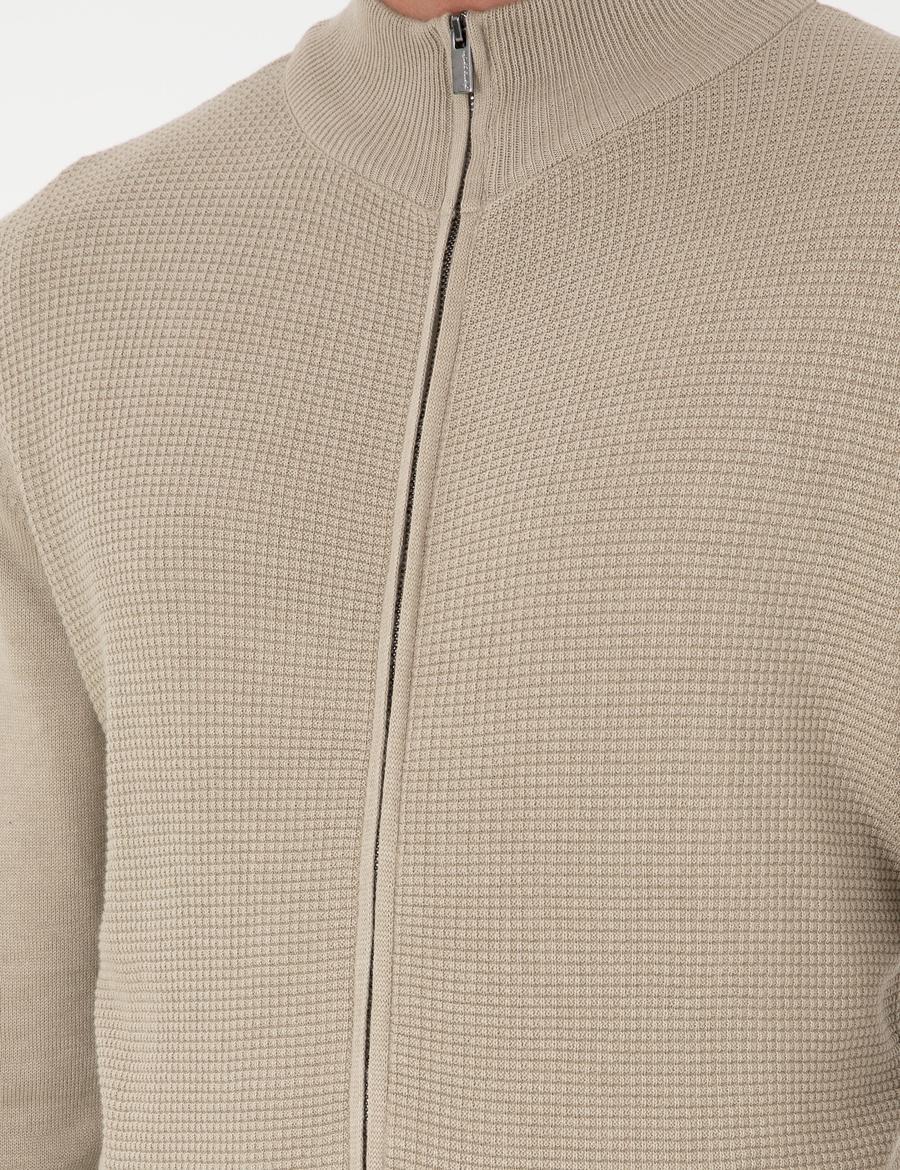 Kum Melanj Slim Fit Fermuarlı Triko Hırka