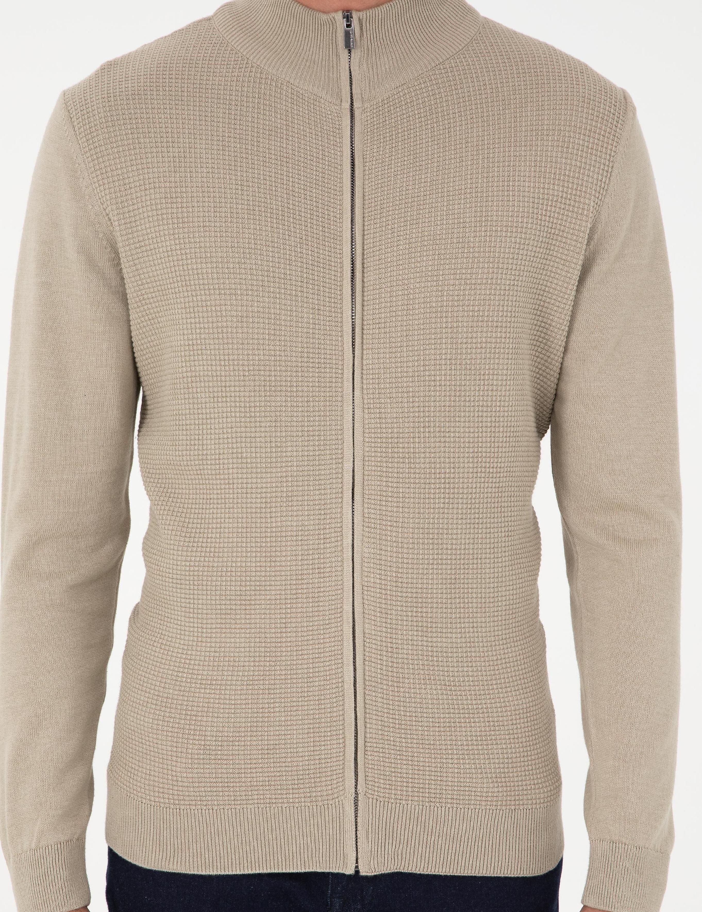 Kum Melanj Slim Fit Fermuarlı Triko Hırka