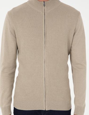 Kum Melanj Slim Fit Fermuarlı Triko Hırka