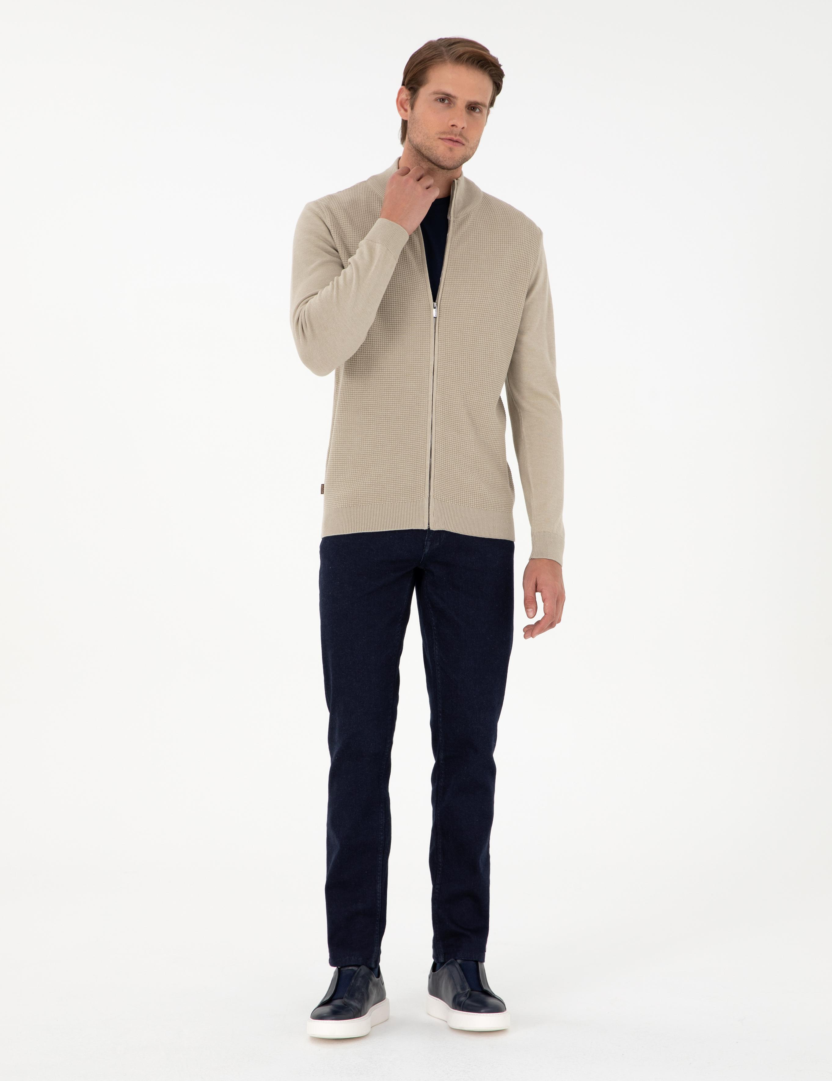 Kum Melanj Slim Fit Fermuarlı Triko Hırka