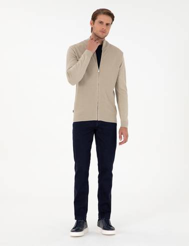 Kum Melanj Slim Fit Fermuarlı Triko Hırka