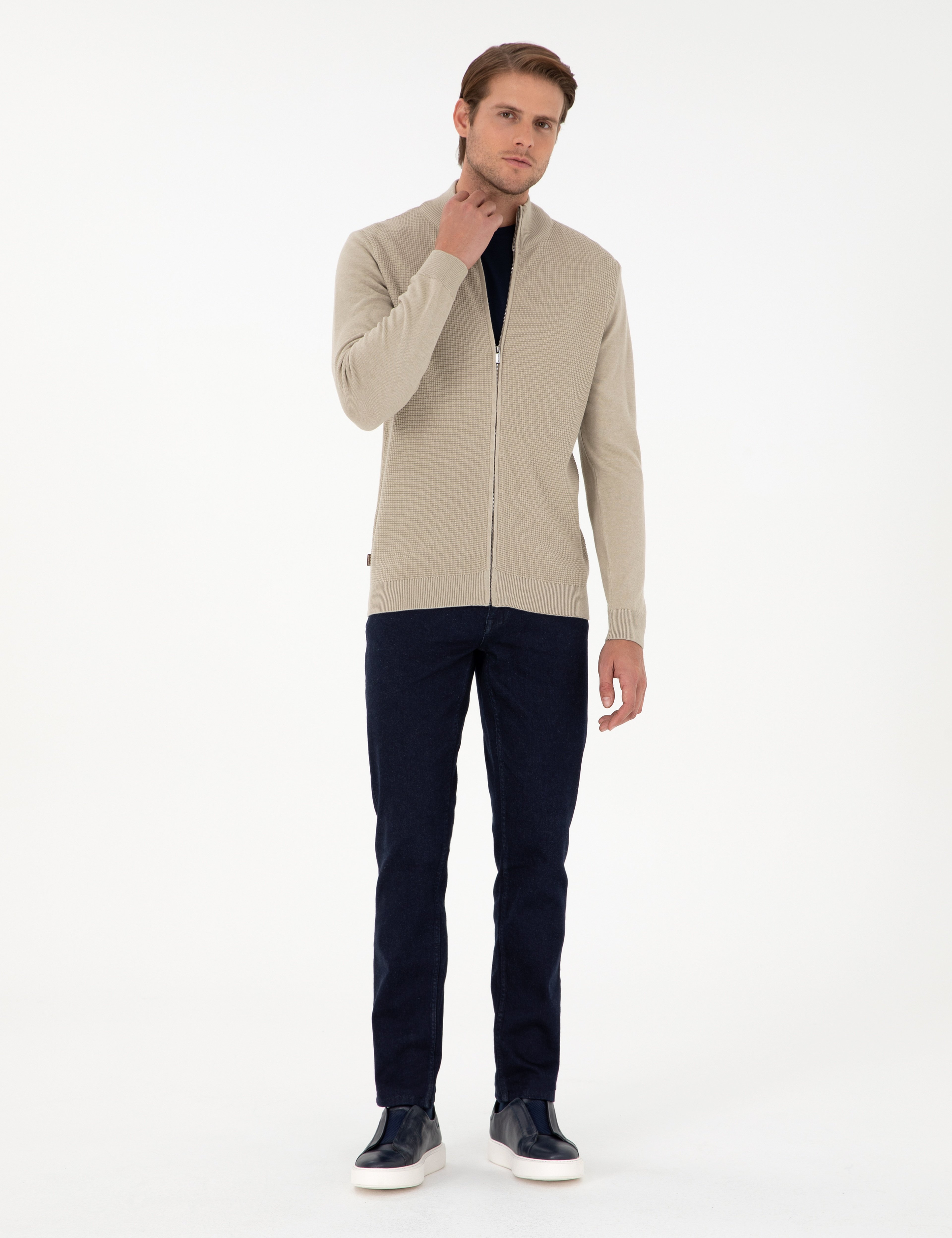 Kum Melanj Slim Fit Fermuarlı Triko Hırka - Image 4