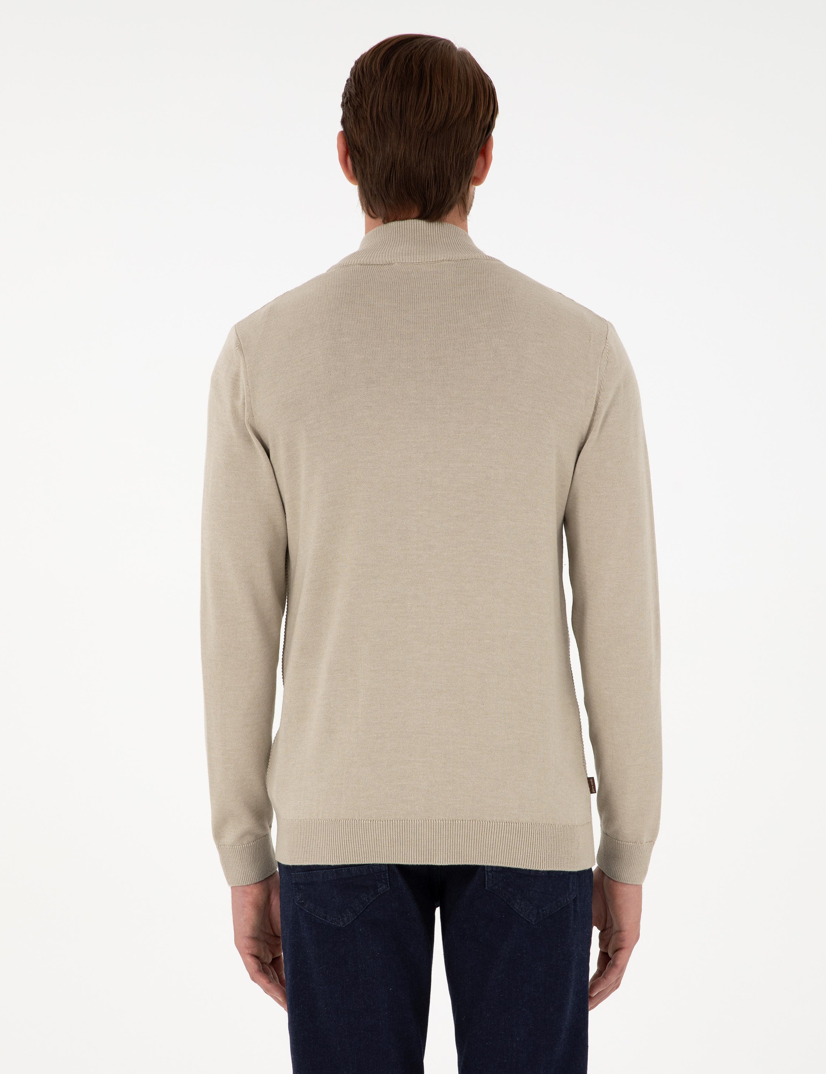 Kum Melanj Slim Fit Fermuarlı Triko Hırka