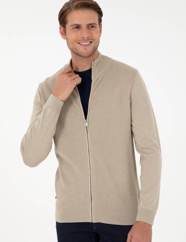 Kum Melanj Slim Fit Fermuarlı Triko Hırka