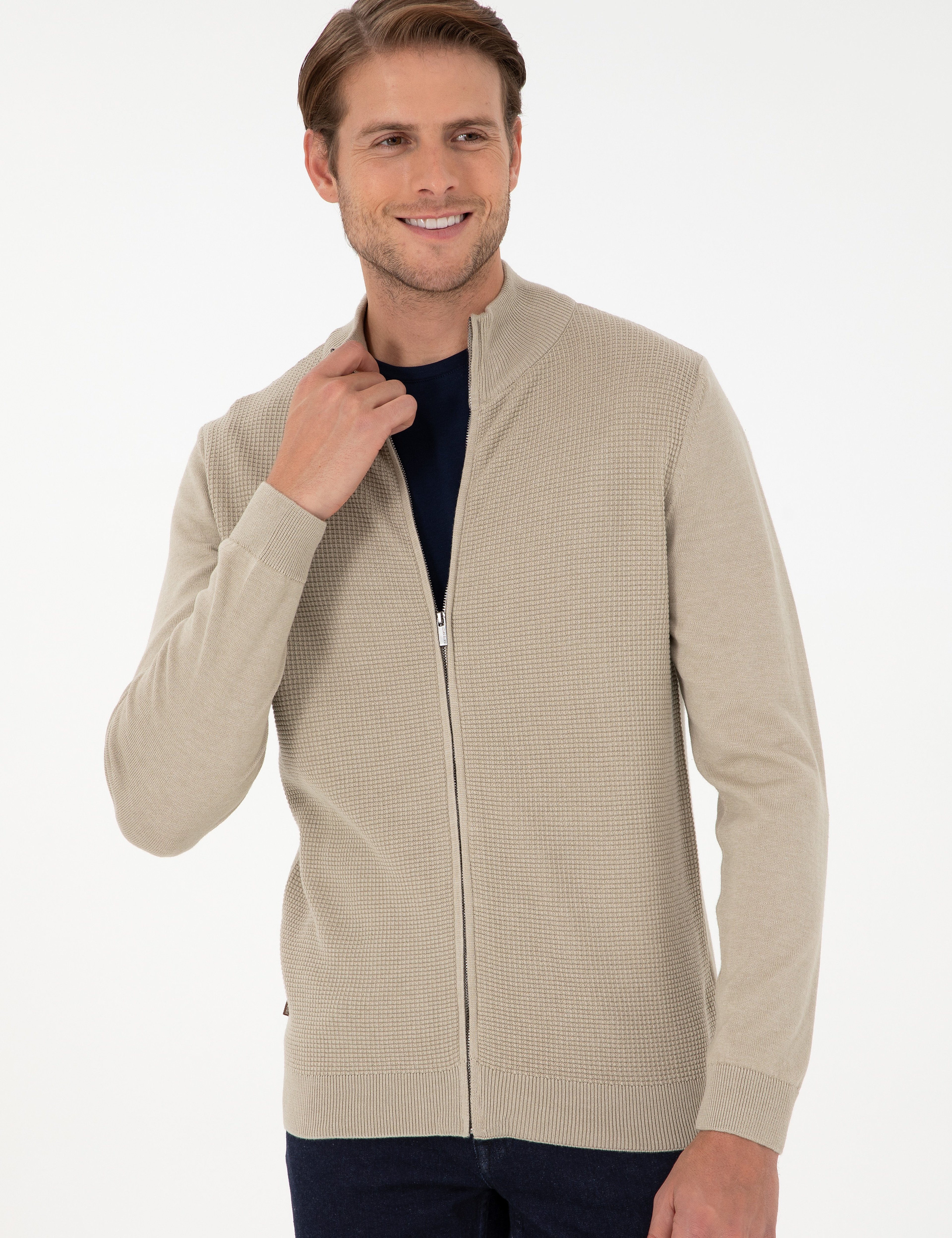 Kum Melanj Slim Fit Fermuarlı Triko Hırka - Image 3