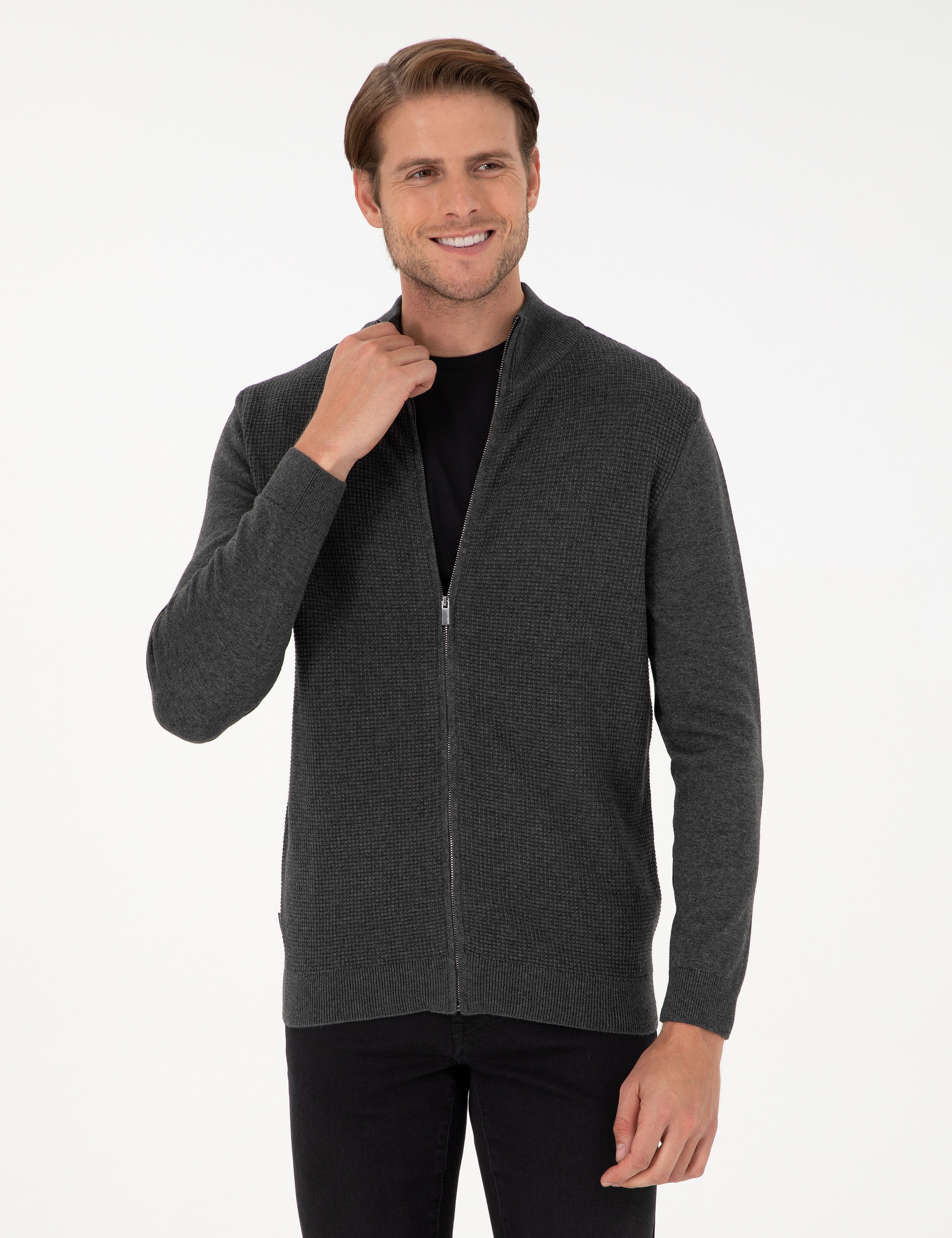 Gri Melanj Slim Fit Fermuarlı Triko Hırka - Image 1