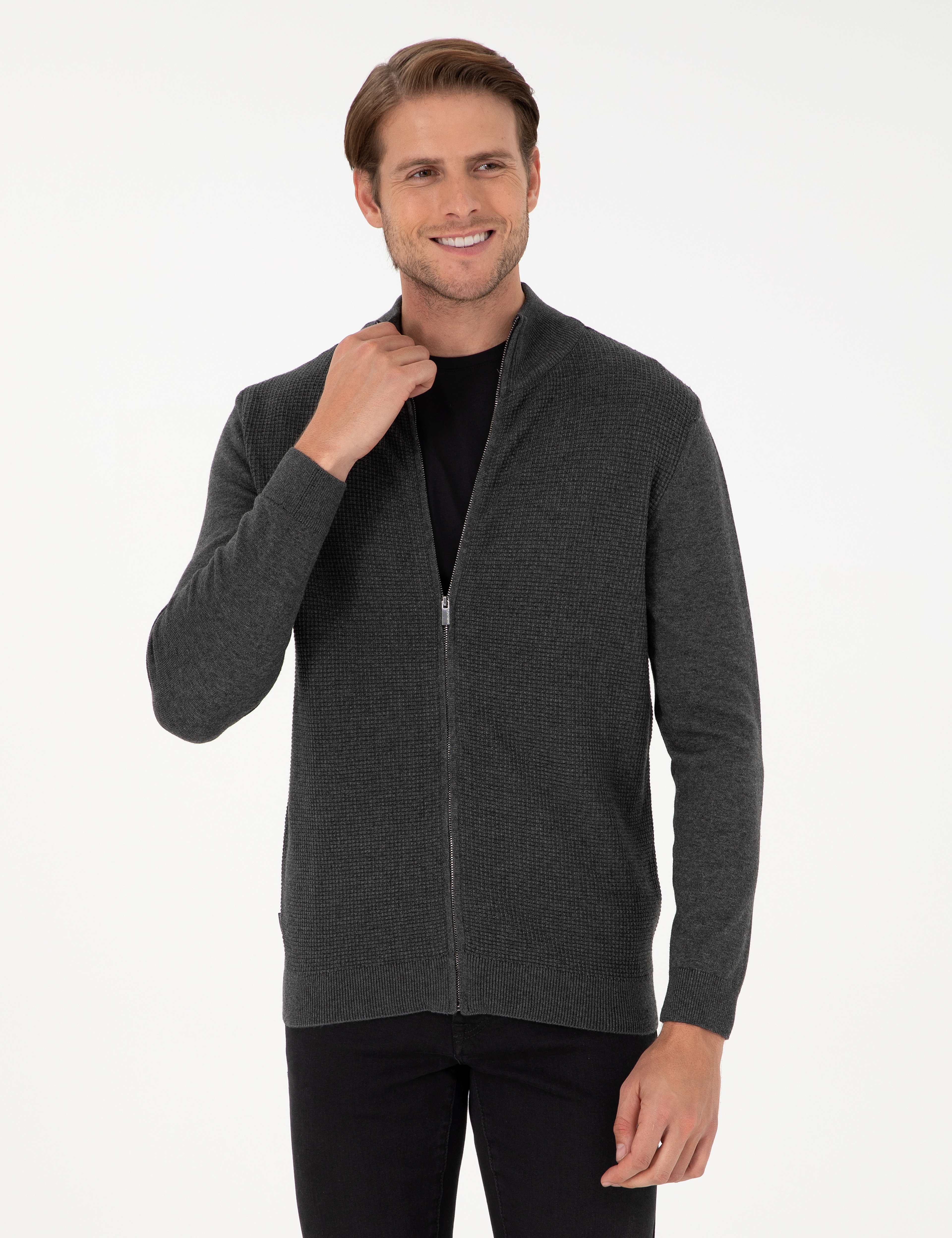 Gri Melanj Slim Fit Fermuarlı Triko Hırka