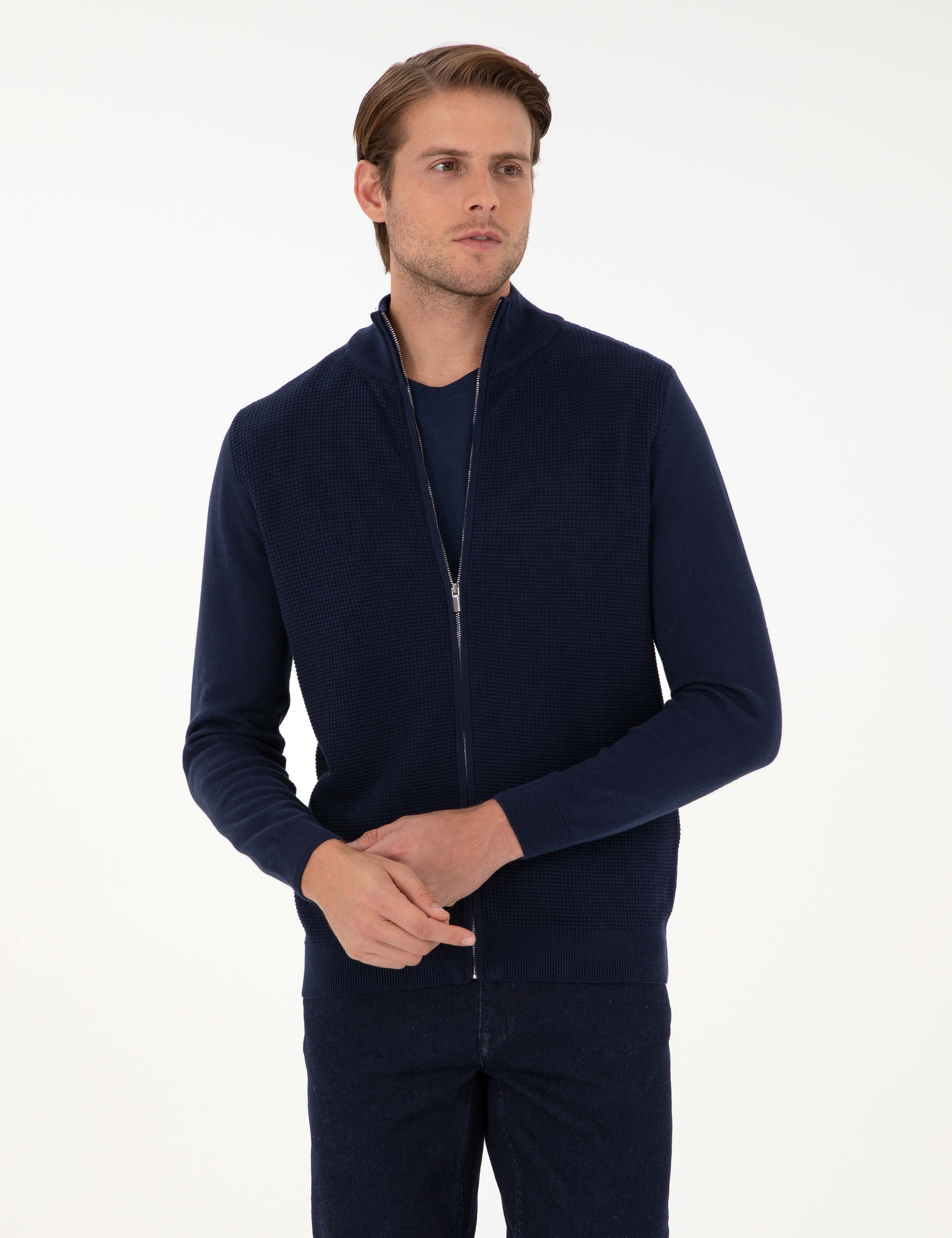 Lacivert Slim Fit Fermuarlı Triko Hırka - Image 1