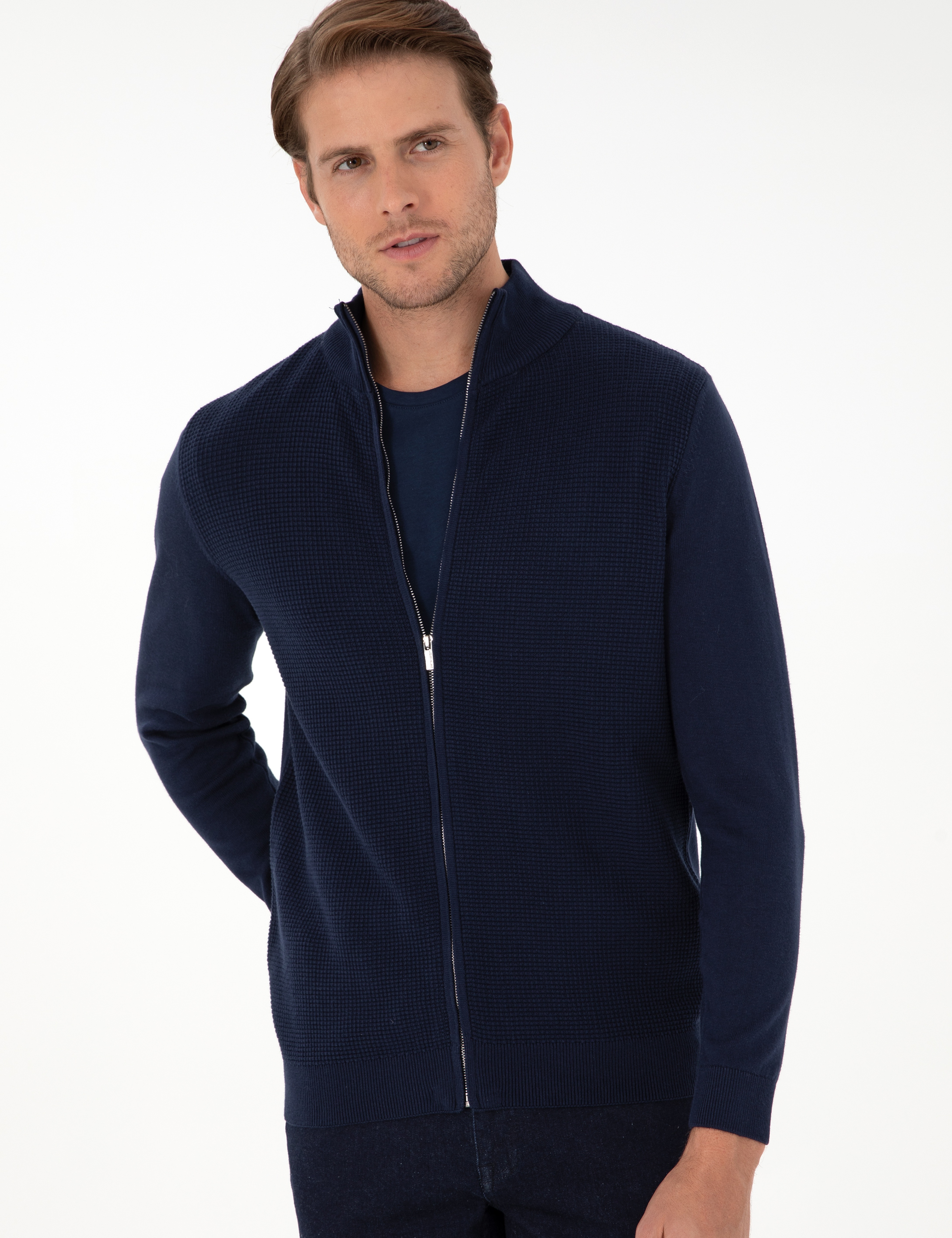 Lacivert Slim Fit Fermuarlı Triko Hırka - Image 3