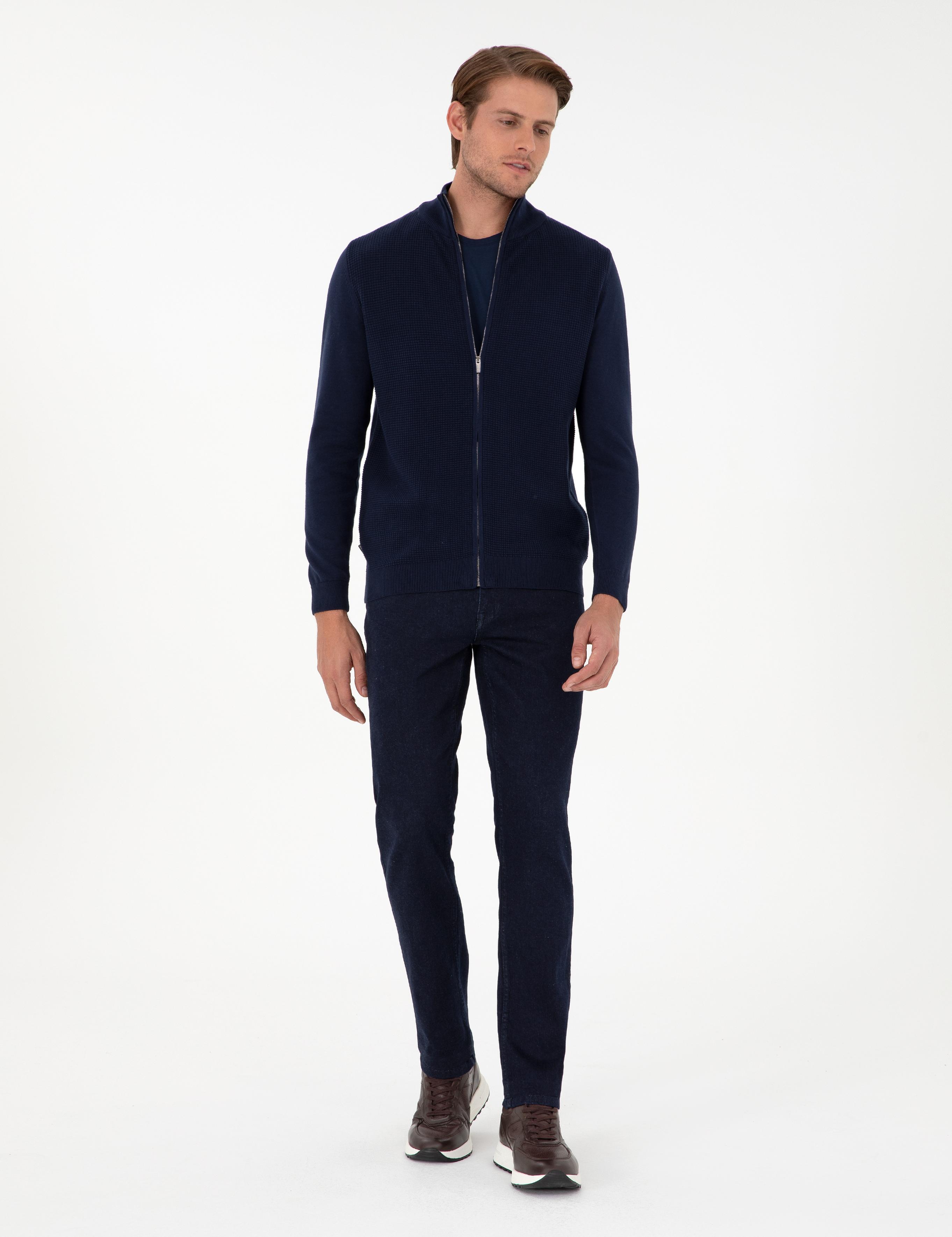 Lacivert Slim Fit Fermuarlı Triko Hırka