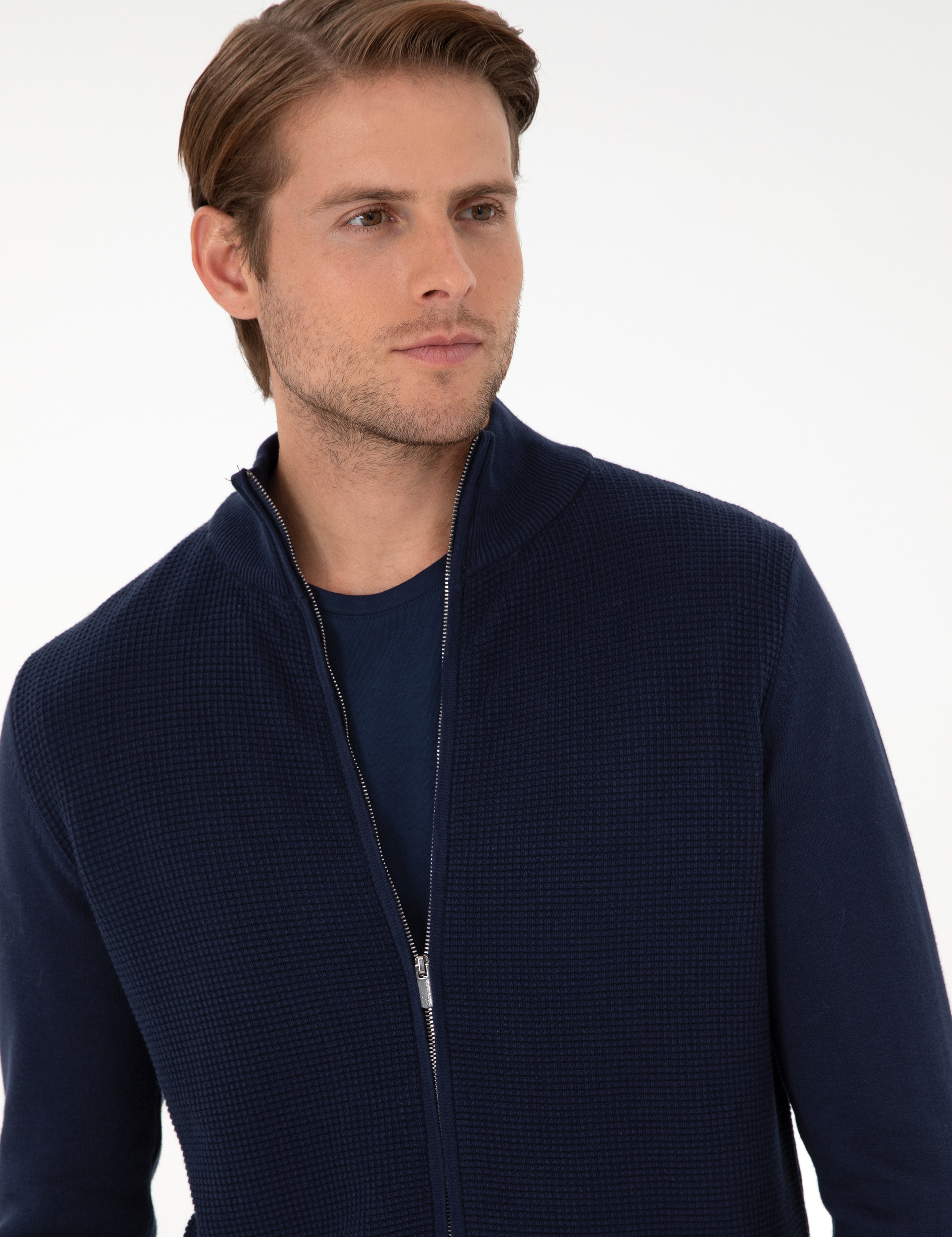 Lacivert Slim Fit Fermuarlı Triko Hırka - Image 2