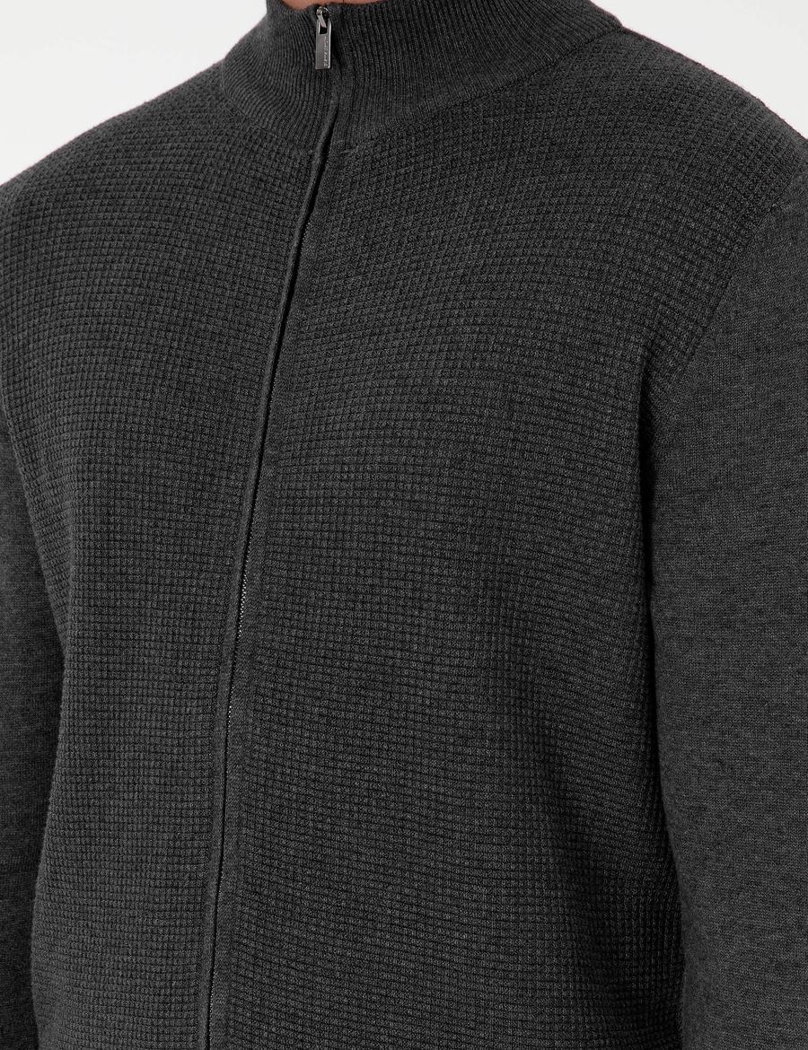 Gri Melanj Slim Fit Fermuarlı Triko Hırka