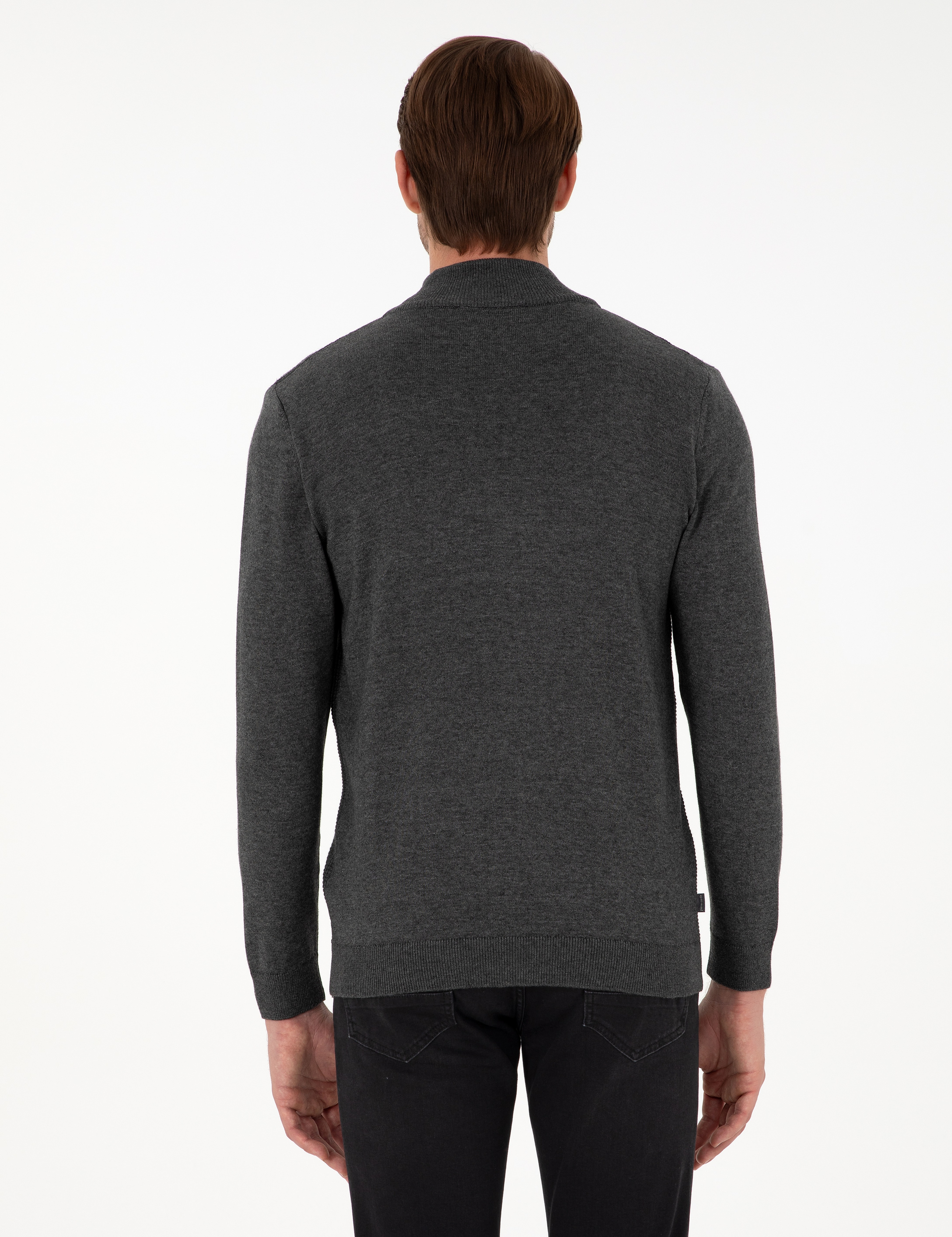 Gri Melanj Slim Fit Fermuarlı Triko Hırka - Image 5