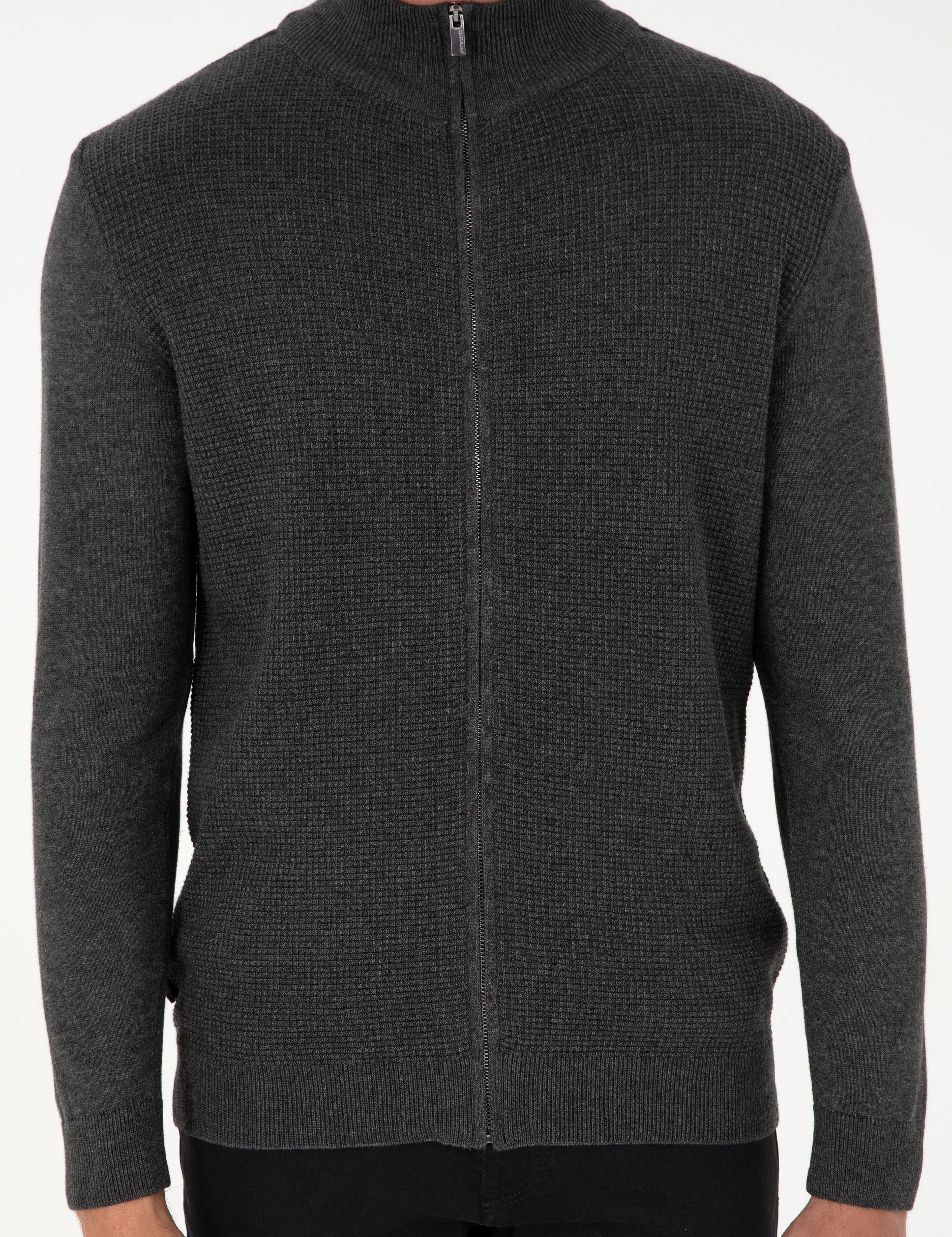 Gri Melanj Slim Fit Fermuarlı Triko Hırka - Image 6