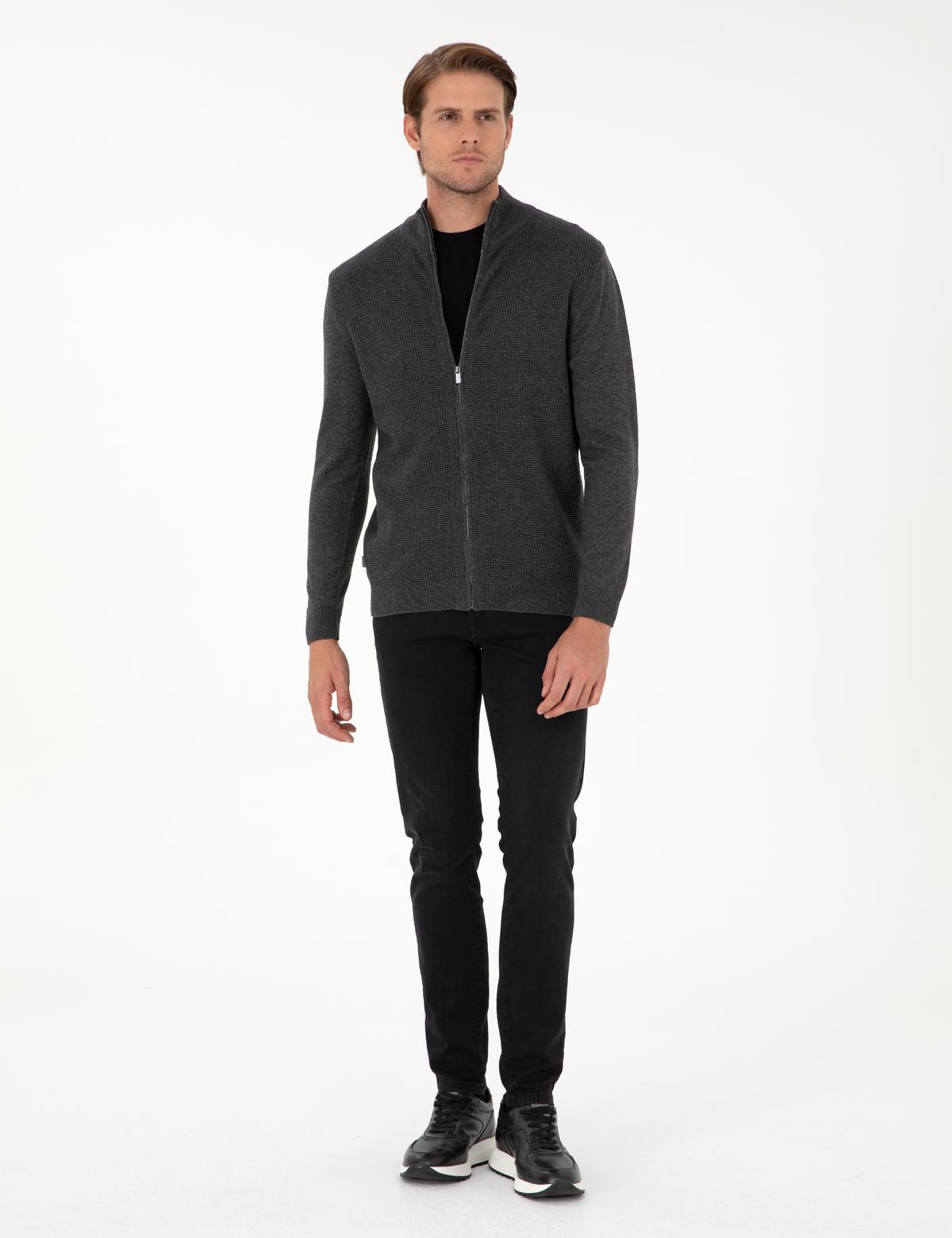 Gri Melanj Slim Fit Fermuarlı Triko Hırka - 50300497023