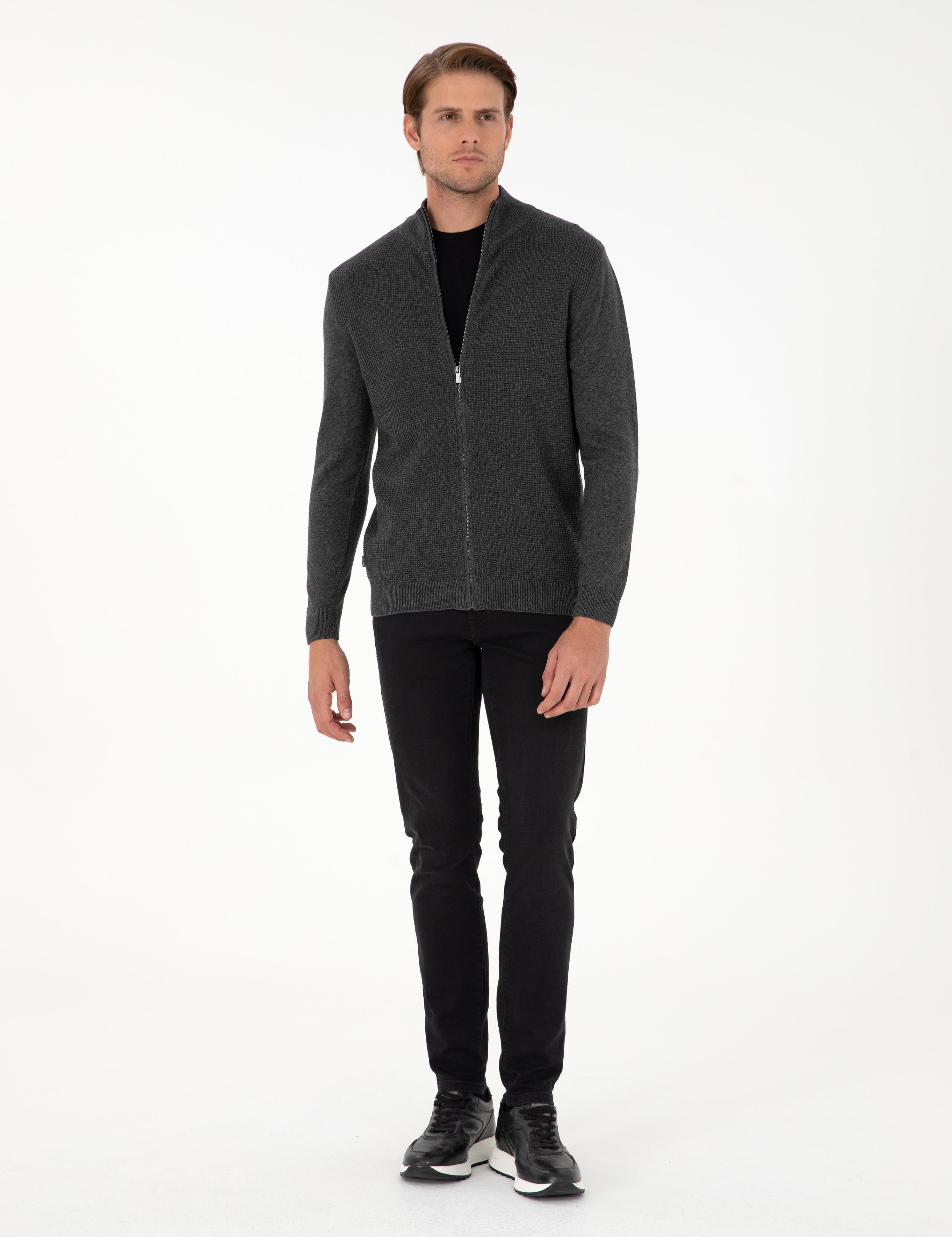 Gri Melanj Slim Fit Fermuarlı Triko Hırka